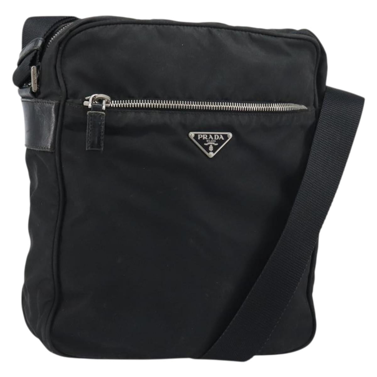 Prada Front Pocket Zip Messenger Tessuto With Saffiano Leather Black Nylon Handbag (Pre-Owned)