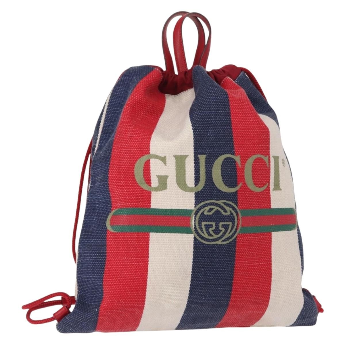 Gucci Logo Drawstring Striped Canvas Blue Canvas Backpack Bag (Pre-Owned)