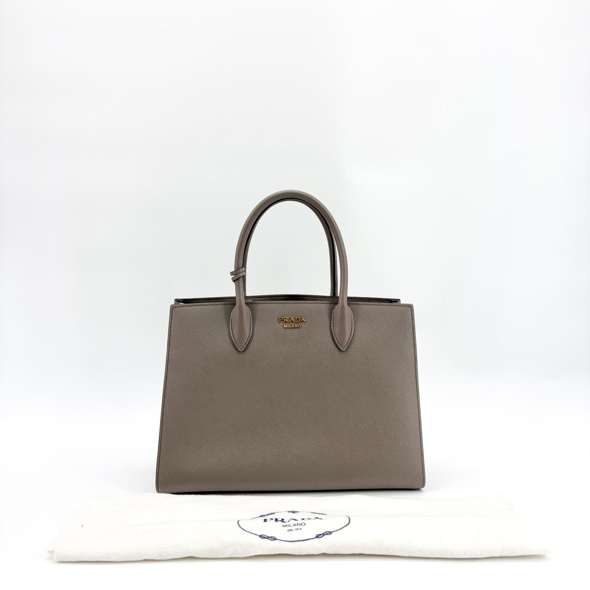 Prada Side Pleat Saffiano Leather Gray Leather Tote Bag Bag (Pre-Owned)