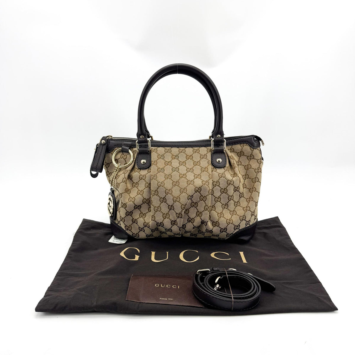 Gucci Sukey Top Handle Satchel Gg Canvas With Leather Brown Canvas Handbag (Pre-Owned)