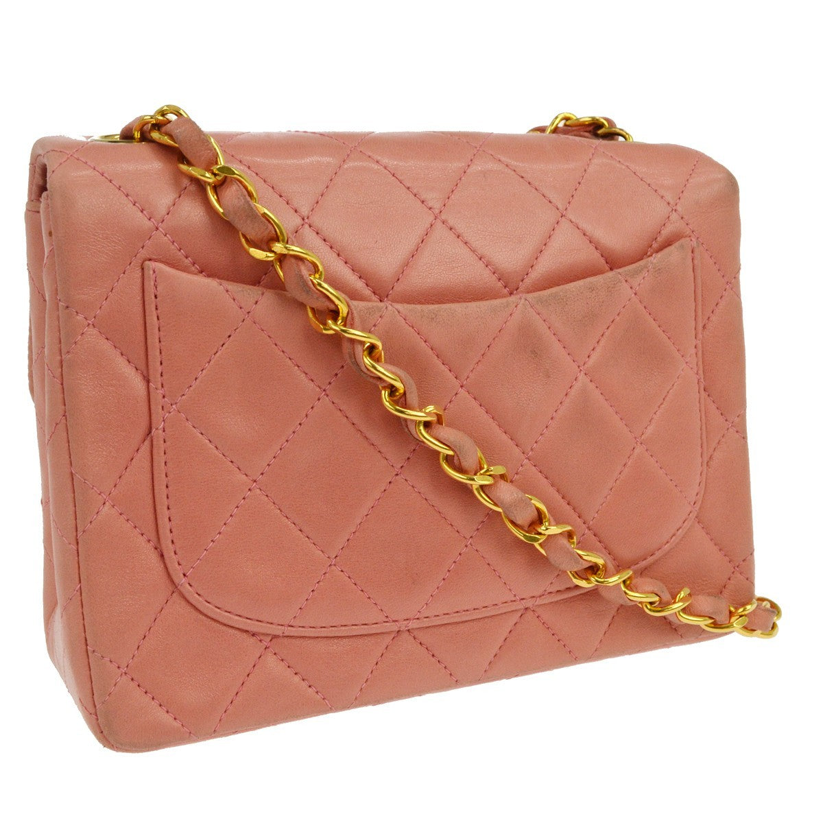 Chanel Vintage Square Classic Single Flap Quilted Lambskin Pink Leather Handbag (Pre-Owned)