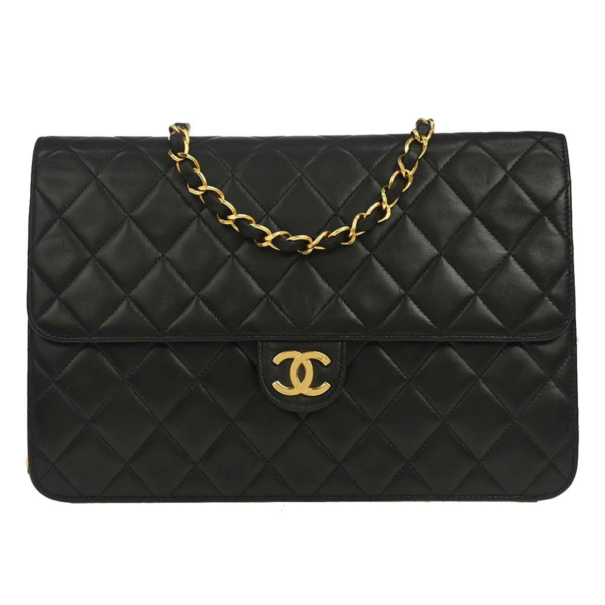 Chanel Vintage Classic Flap Quilted Lambskin Black Leather Shoulder Bag Bag (Pre-Owned)