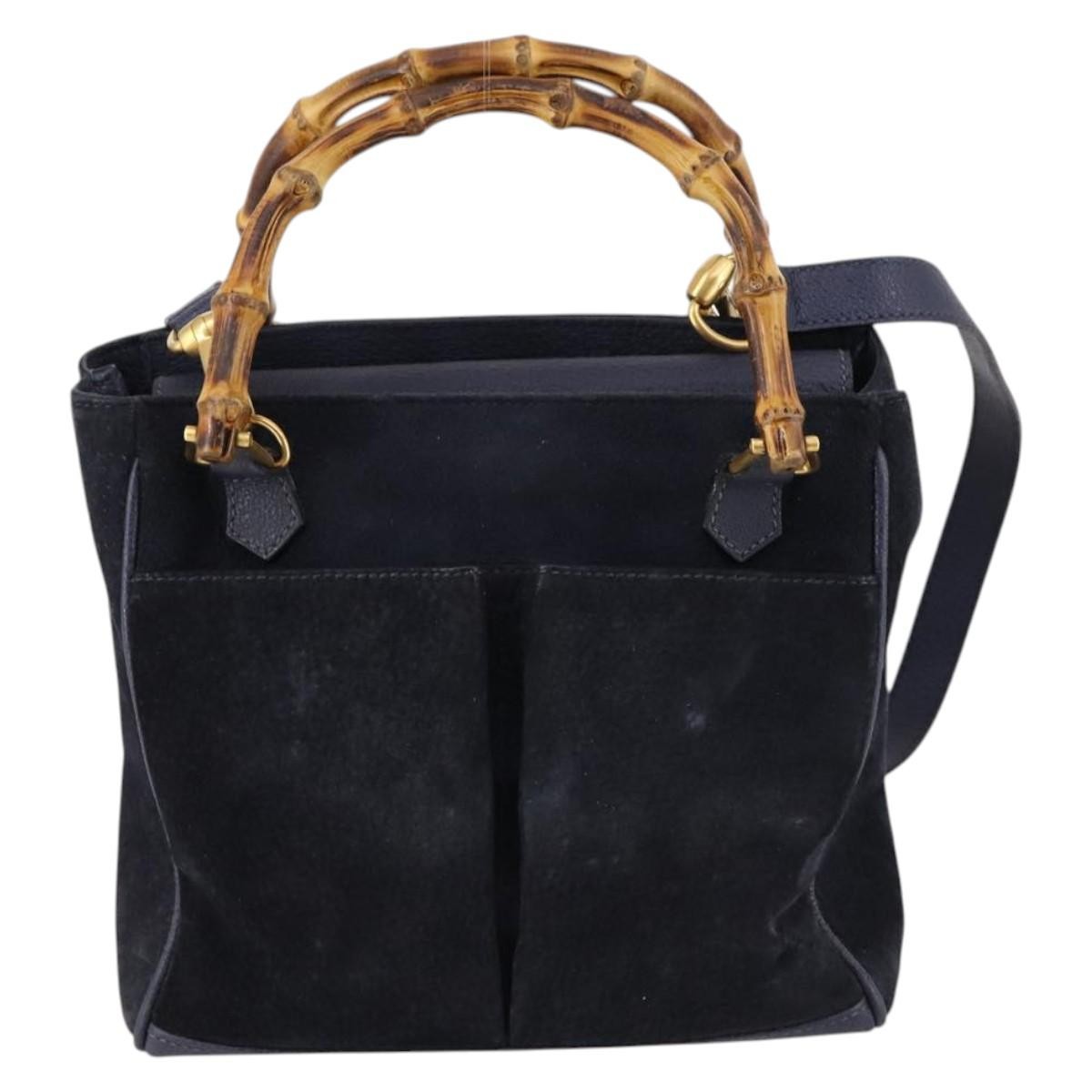 Gucci Vintage Bamboo Handle Suede Navy Suede Handbag (Pre-Owned)