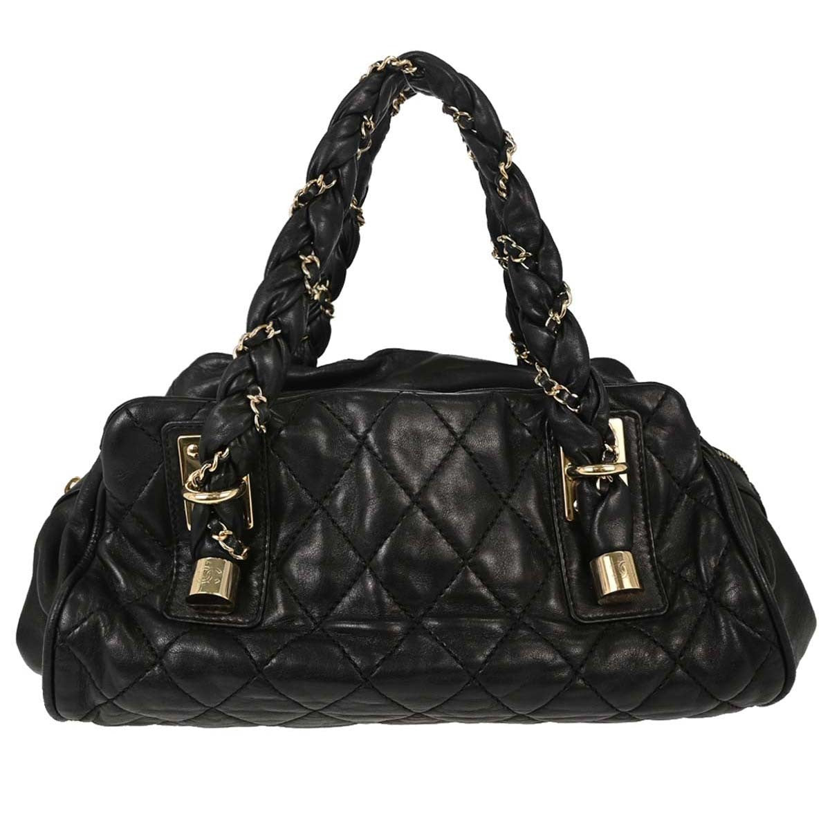 Chanel Lady Braid Bowler Quilted Distressed Calfskin Black Leather Handbag (Pre-Owned)