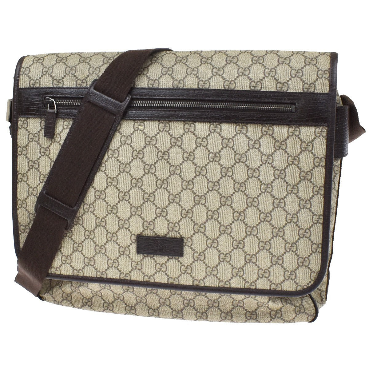 Gucci Web Strap Messenger Gg Coated Canvas Brown Leather Handbag (Pre-Owned)