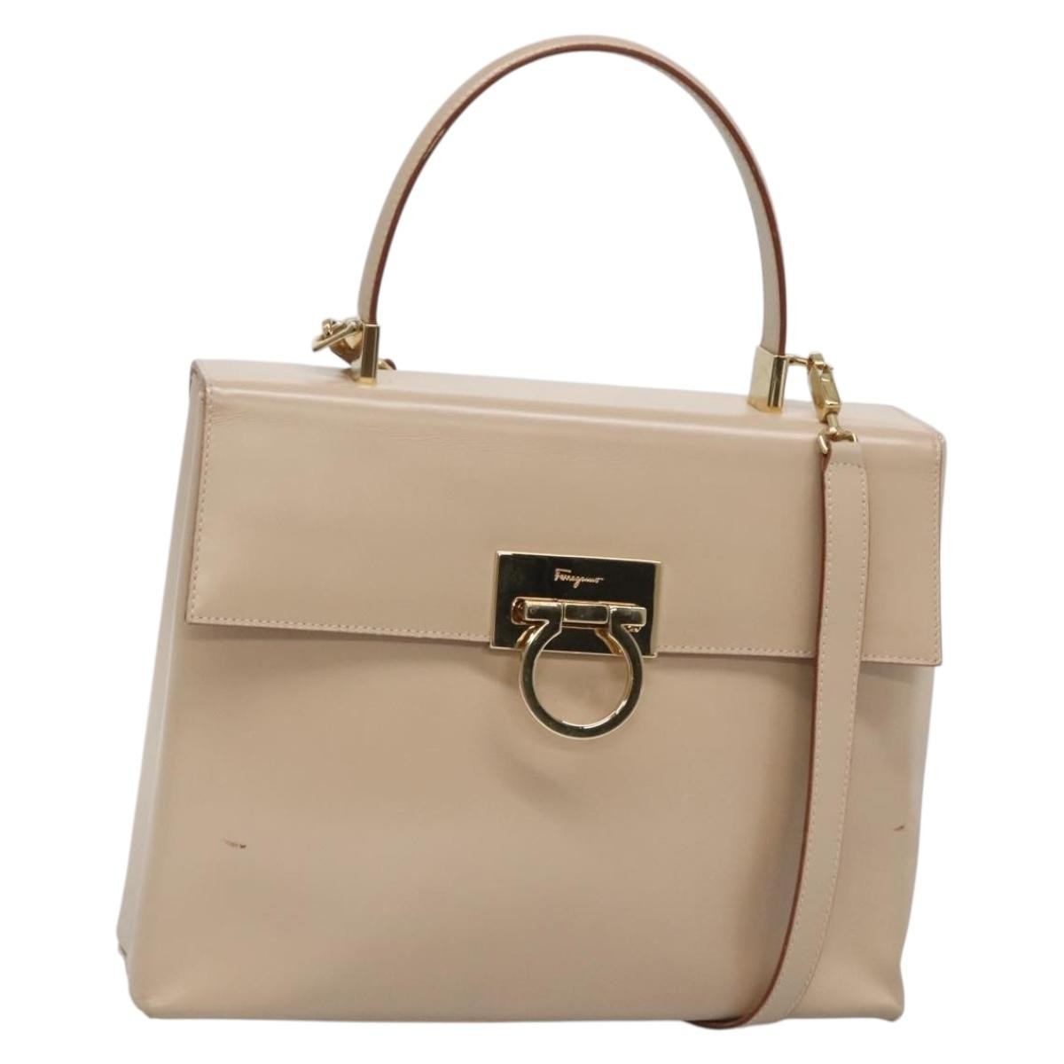 Salvatore Ferragamo Gancini Convertible Top Handle Leather Beige Leather Handbag (Pre-Owned)
