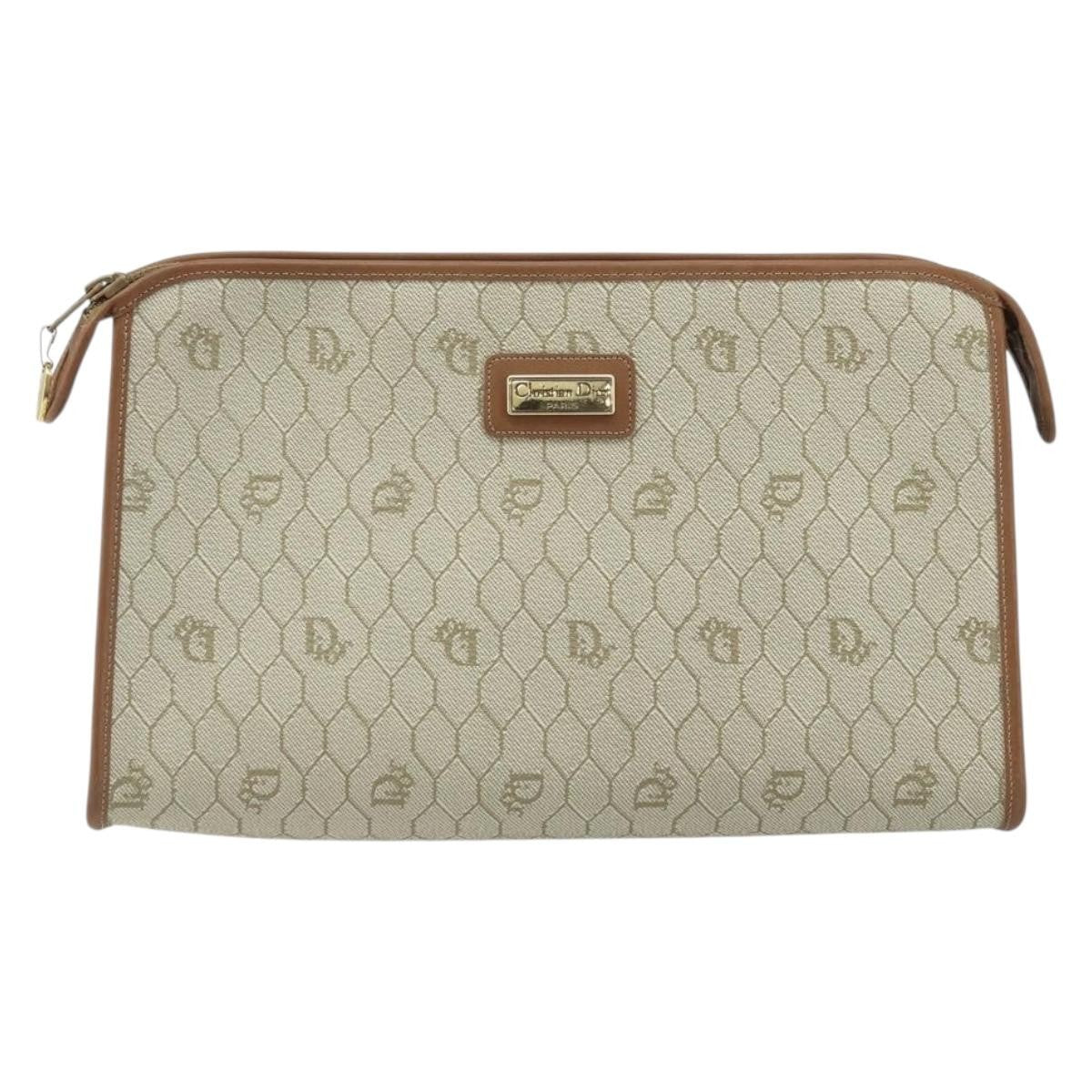 Christian Dior Vintage Honeycomb Zip Canvas And Leather Beige Canvas Clutche & Pouche Bag (Pre-Owned)