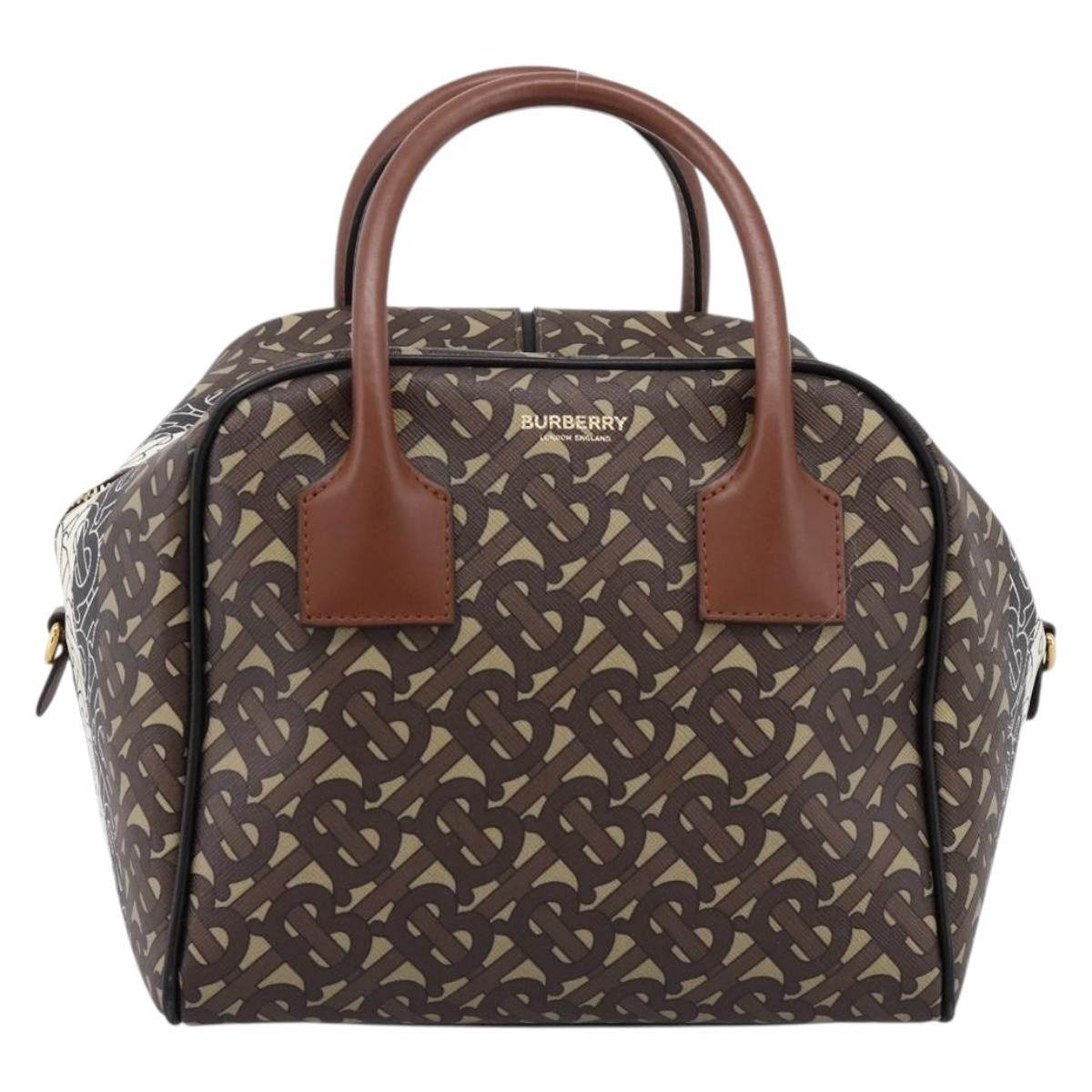 Burberry Tb Half Cube Duffle Monogram Embossed Leather Brown Canvas Handbag (Pre-Owned)