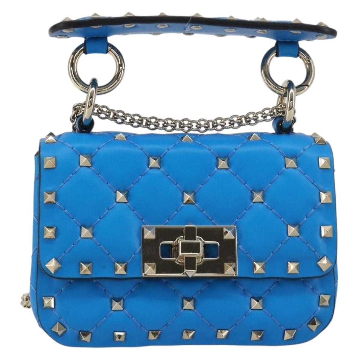 Valentino Garavani Rockstud Spike Flap Quilted Leather Blue Leather Shoulder Bag Bag (Pre-Owned)