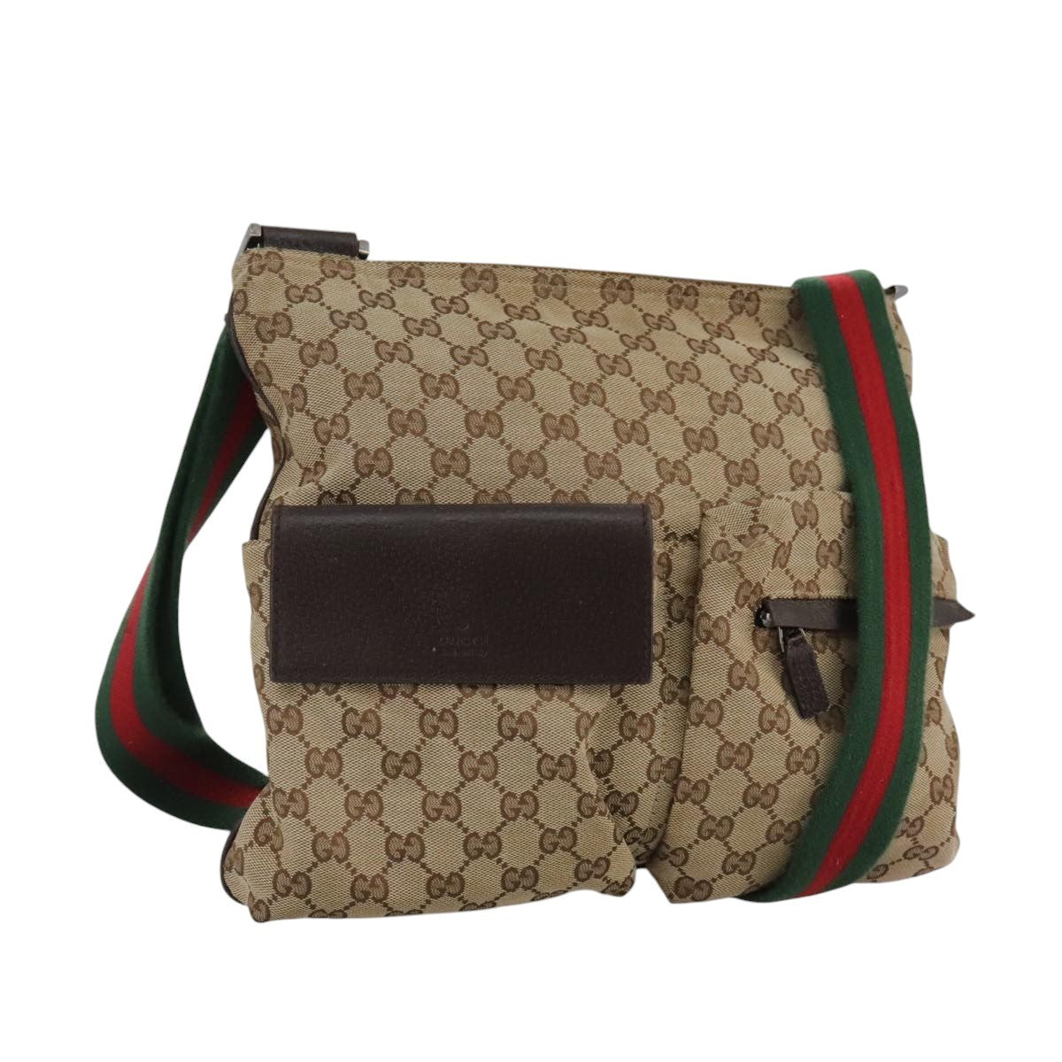 Gucci Double Pocket Web Messenger Gg Canvas And Leather Brown Canvas Shoulder Bag Bag (Pre-Owned)
