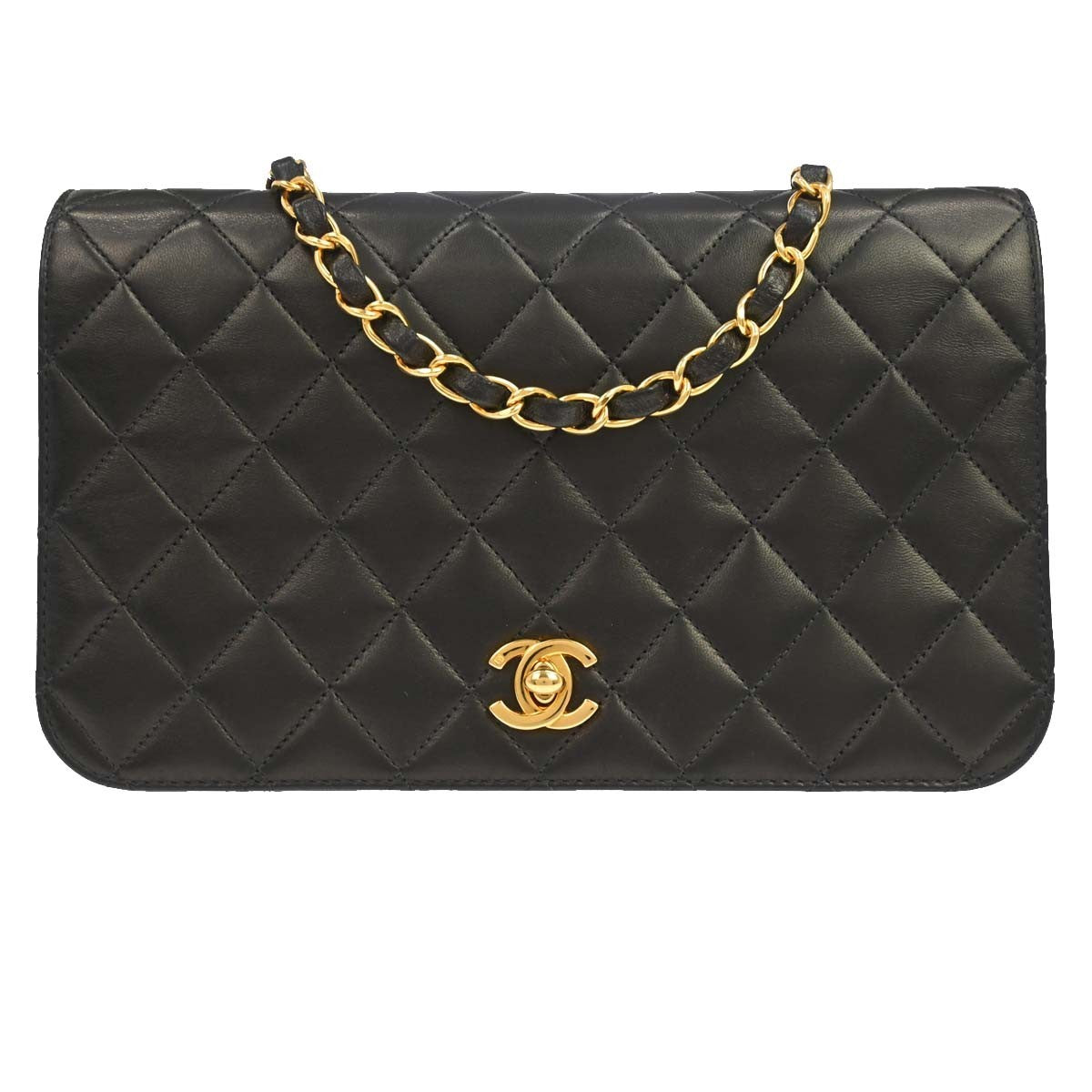 Chanel Vintage Full Flap Quilted Lambskin Black Leather Shoulder Bag Bag (Pre-Owned)