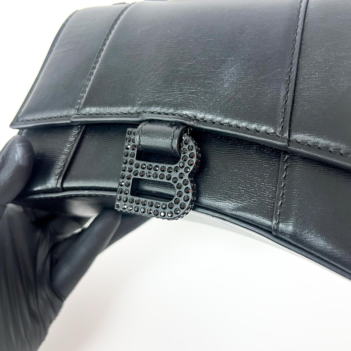 Balenciaga Hourglass Top Handle Leather With Crystals Black Leather Handbag (Pre-Owned)