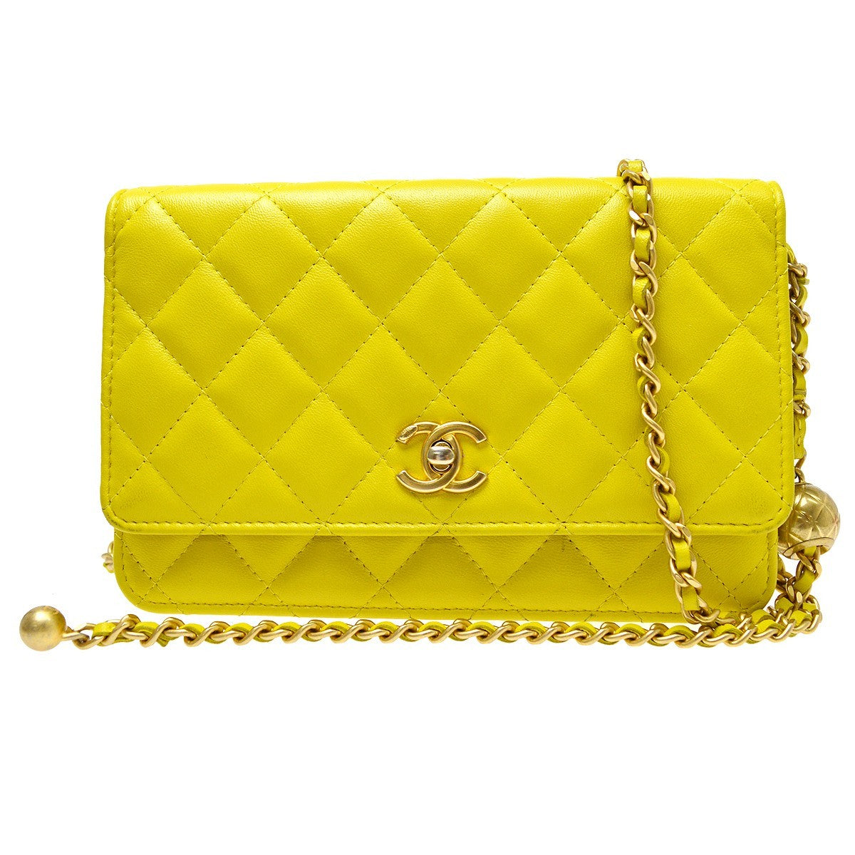 Chanel Pearl Crush Wallet On Chain Quilted Lambskin Yellow Leather Shoulder Bag Bag (Pre-Owned)