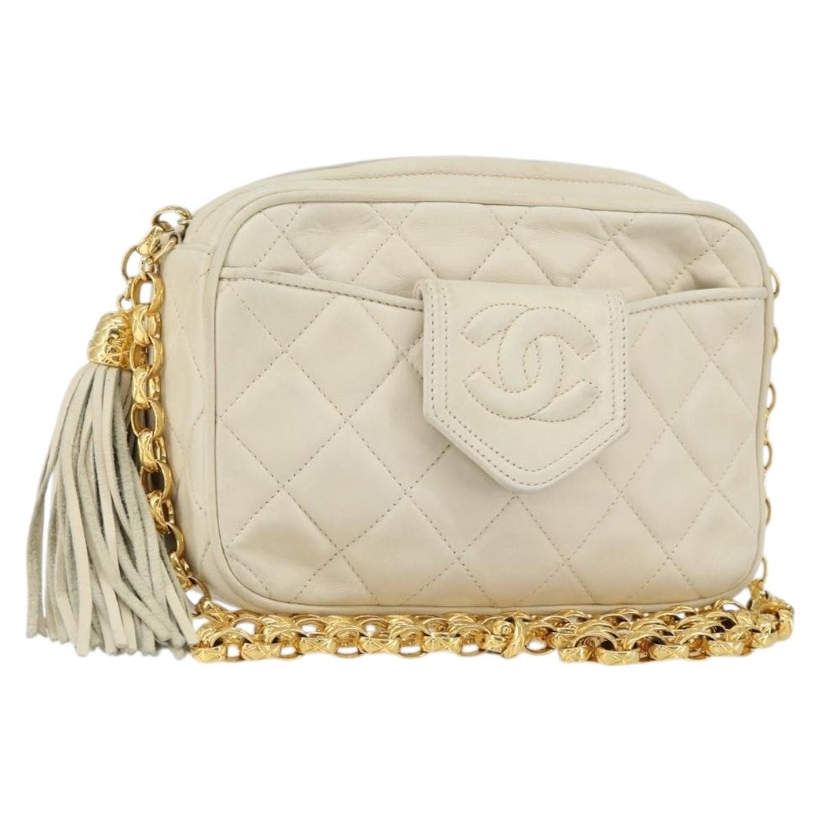 Chanel Vintage Front Pocket Camera Quilted Lambskin Beige Leather Shoulder Bag Bag (Pre-Owned)