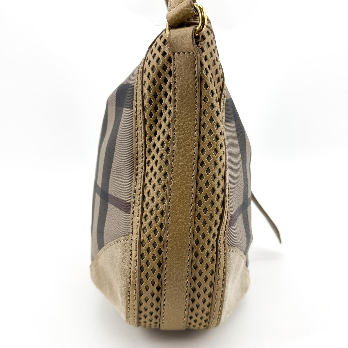 Burberry Ashwood Convertible Hobo House Check Canvas Beige Suede Shoulder Bag Bag (Pre-Owned)