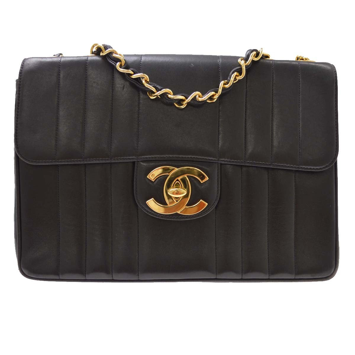 Chanel Vintage Classic Single Flap Vertical Quilt Lambskin Black Leather Handbag (Pre-Owned)