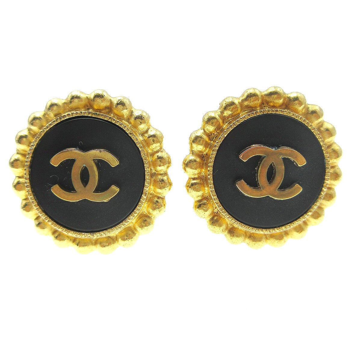 Chanel Cc Round Stud Metal And Enamel Gold Gold_Plated Earrings Jewelry (Pre-Owned)