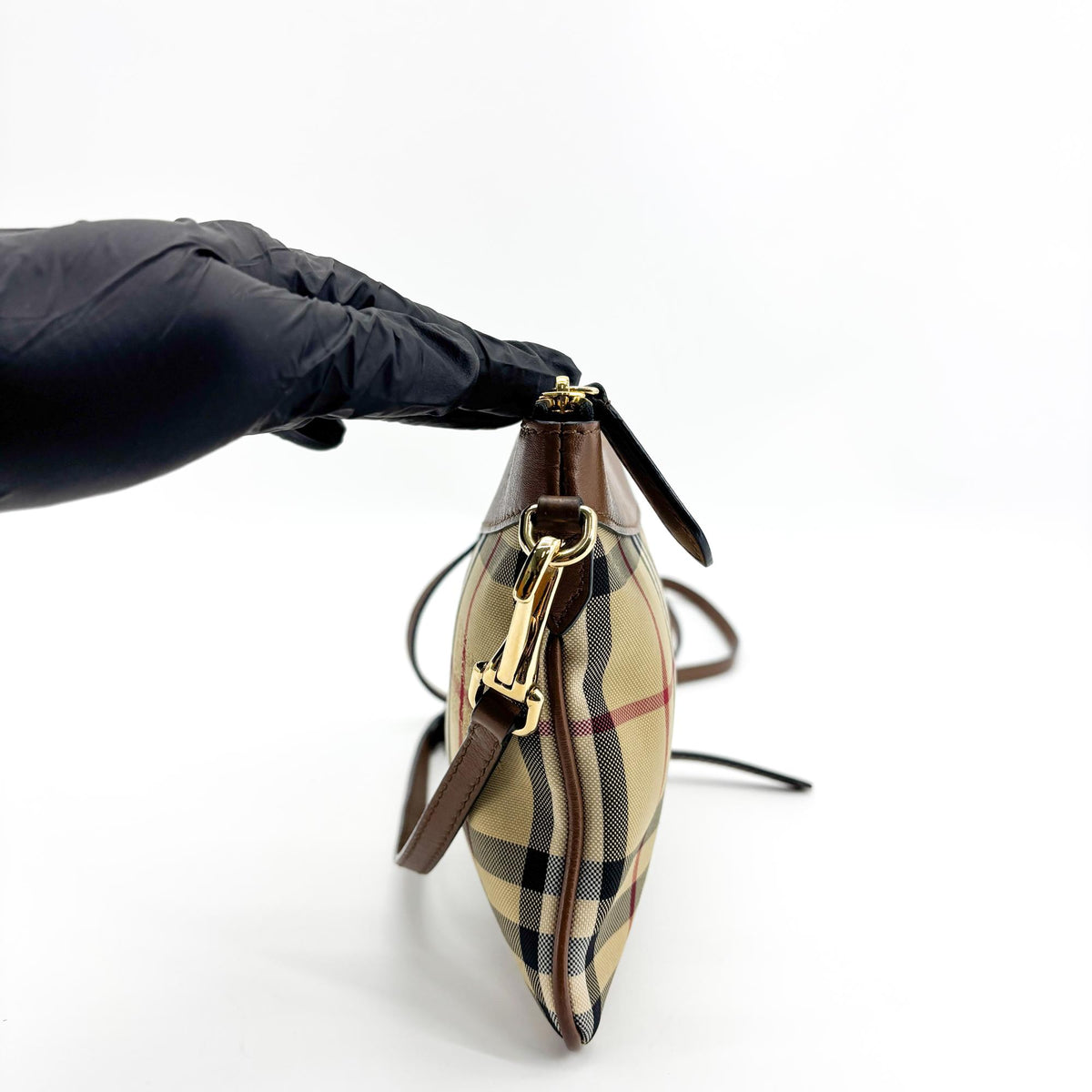 Burberry Peyton Crossbody Clutch Haymarket Coated Canvas Brown Canvas Crossbody Bag Bag (Pre-Owned)