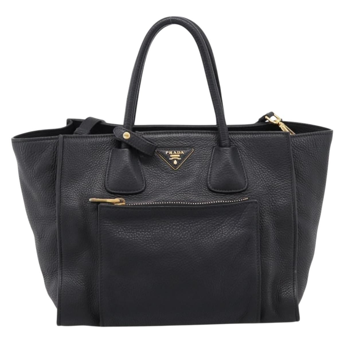 Prada Front Pocket Convertible Vitello Daino Black Leather Tote Bag Bag (Pre-Owned)