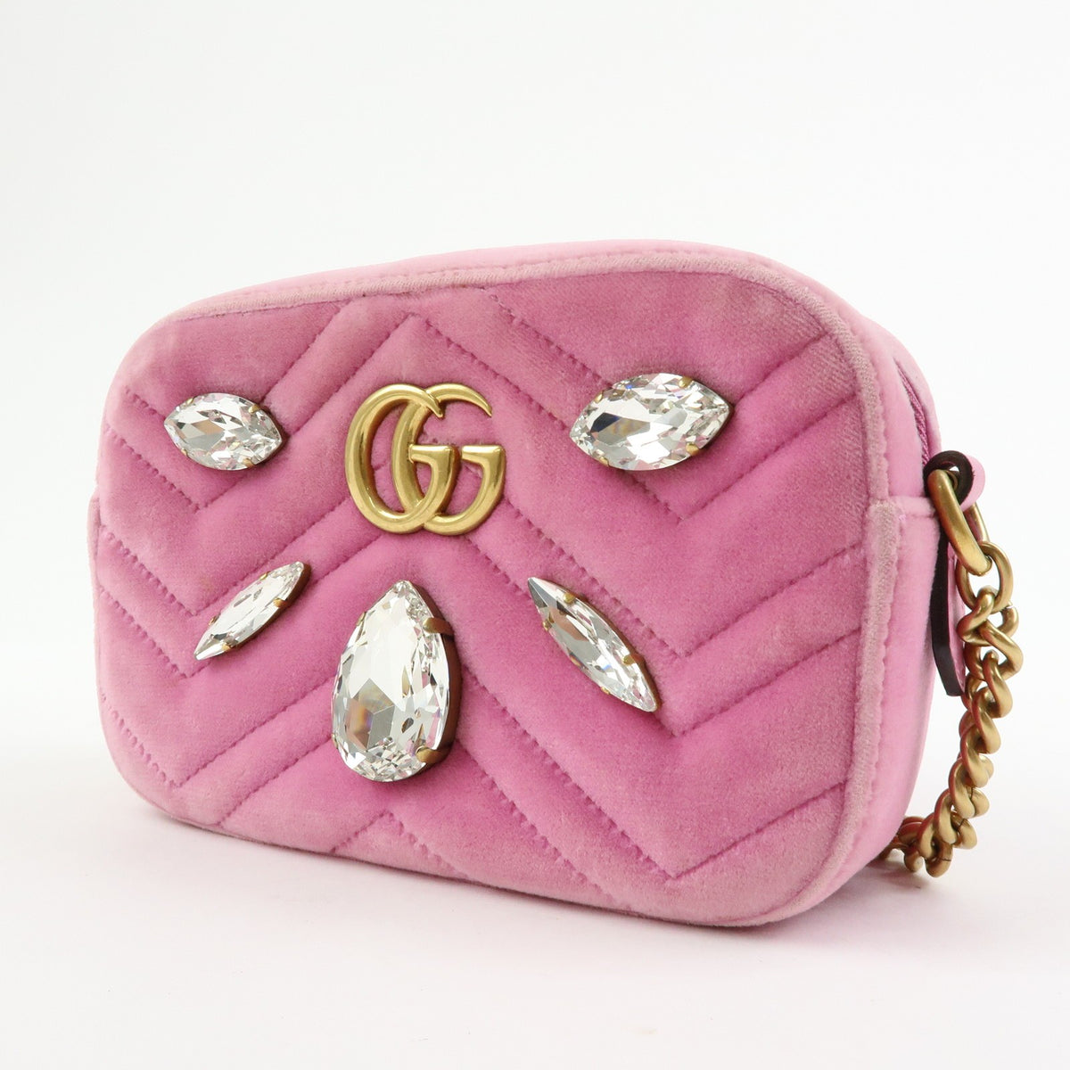 Gucci Gg Marmont Crystal Embellished Matelasse Velvet Pink Velvet Shoulder Bag Bag (Pre-Owned)