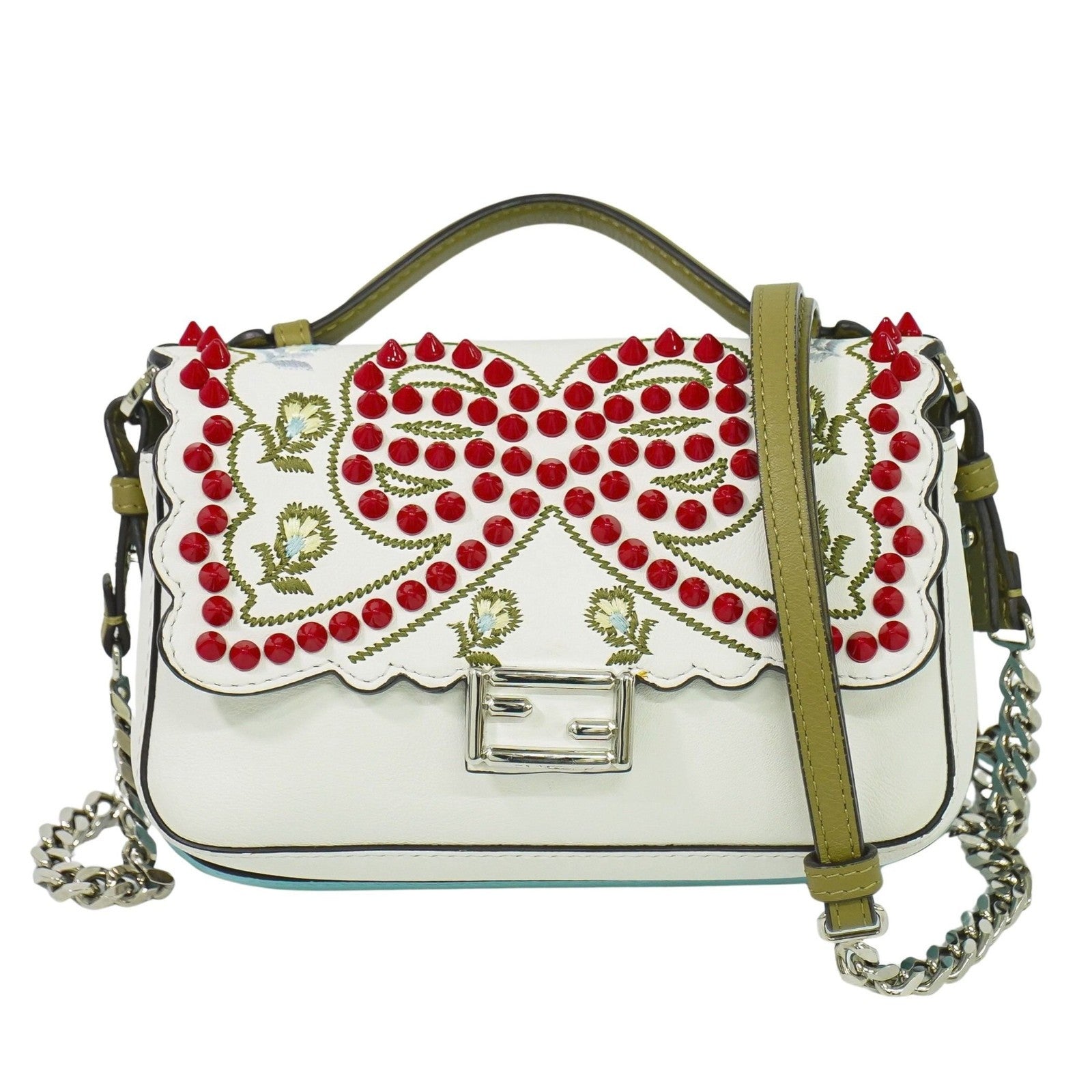 Fendi Double Baguette Embroidered Studded Leather White Leather Shoulder Bag Bag (Pre-Owned)