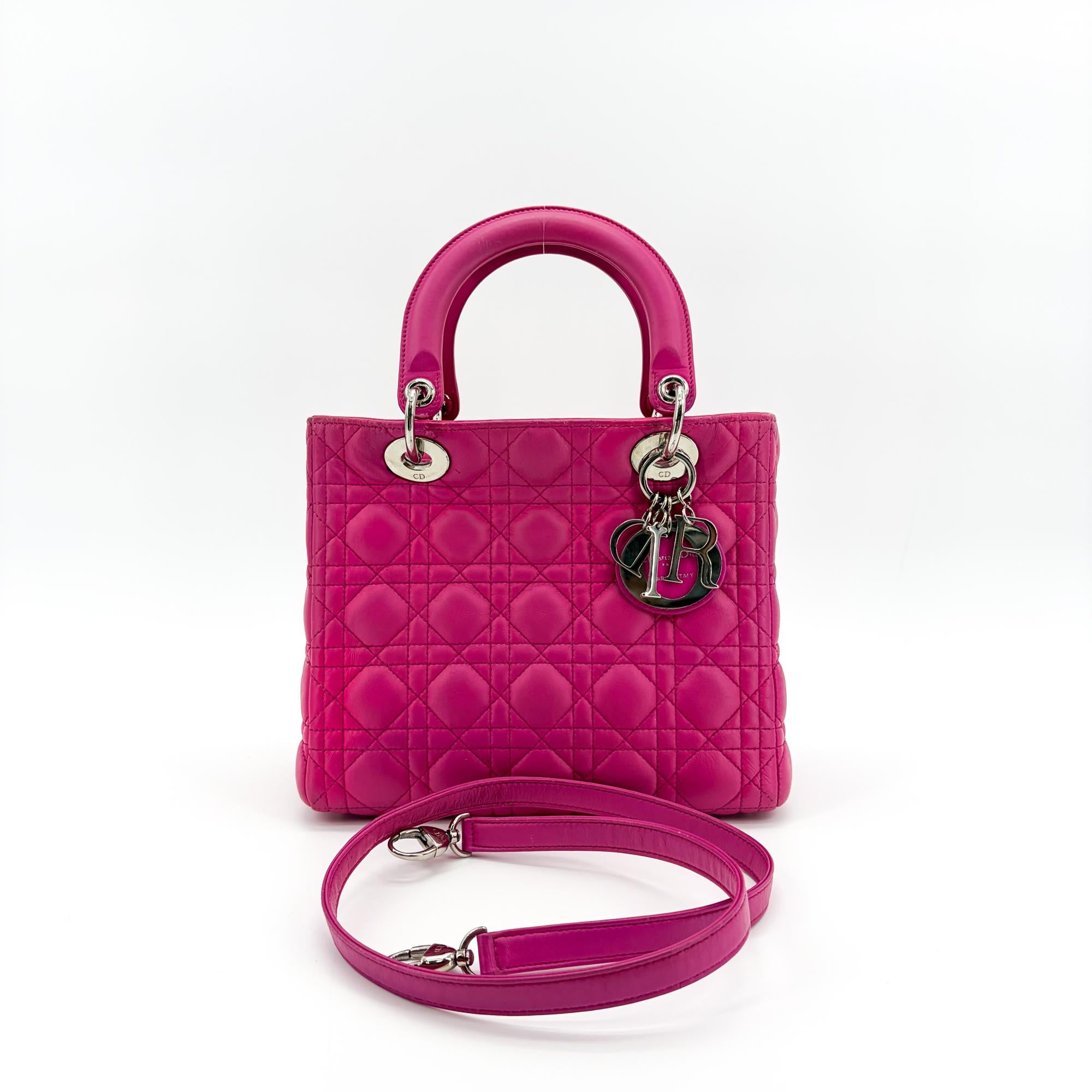 Christian Dior Lady Dior Bag Cannage Quilt Lambskin Pink Leather Handbag (Pre-Owned)