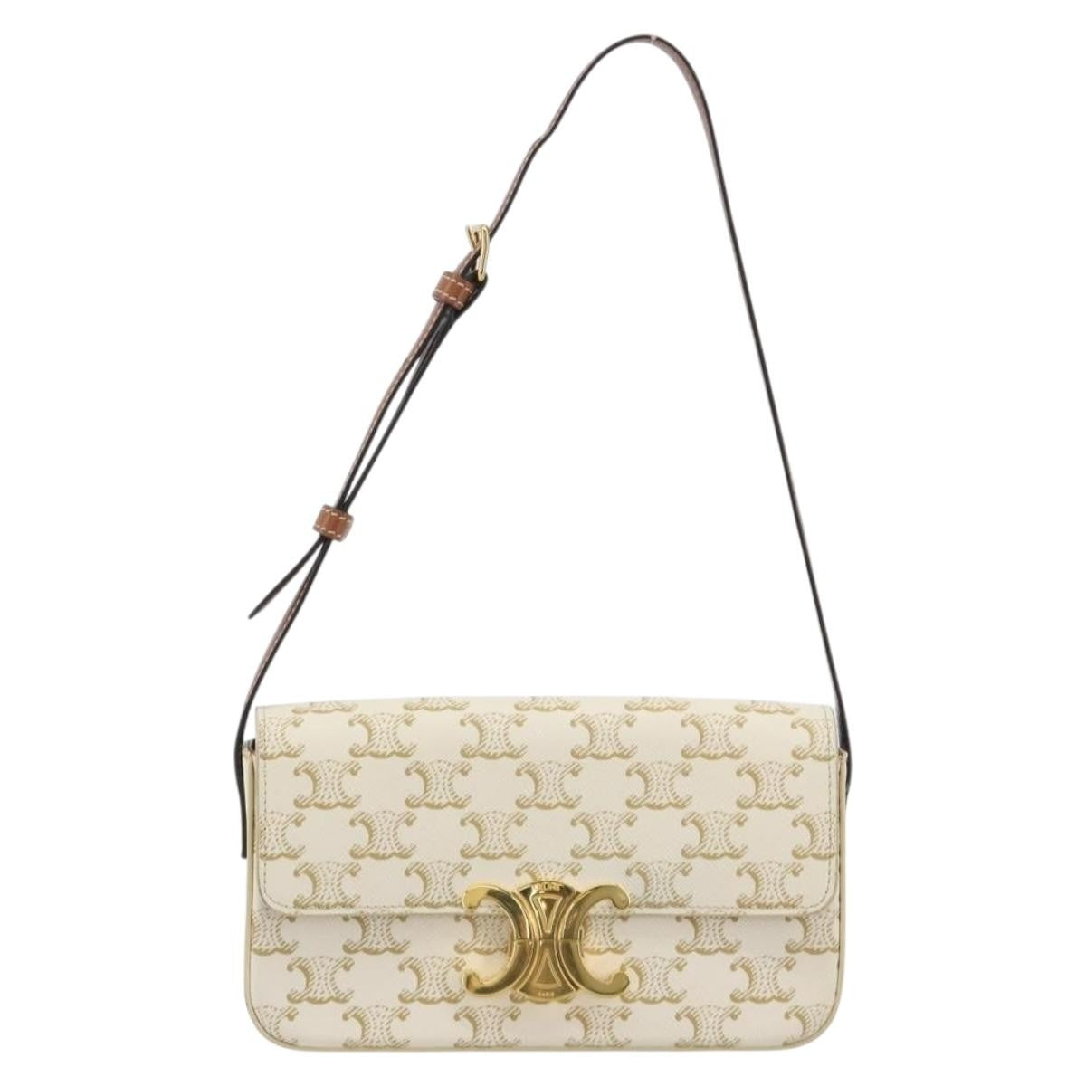 Celine Triomphe Strap Bag Monogram Canvas White Leather Handbag (Pre-Owned)