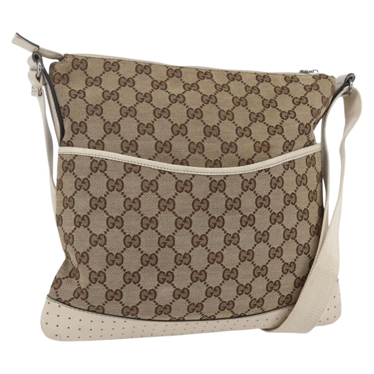 Gucci Zip Messenger Gg Canvas With Perforated Leather Beige Canvas Shoulder Bag Bag (Pre-Owned)