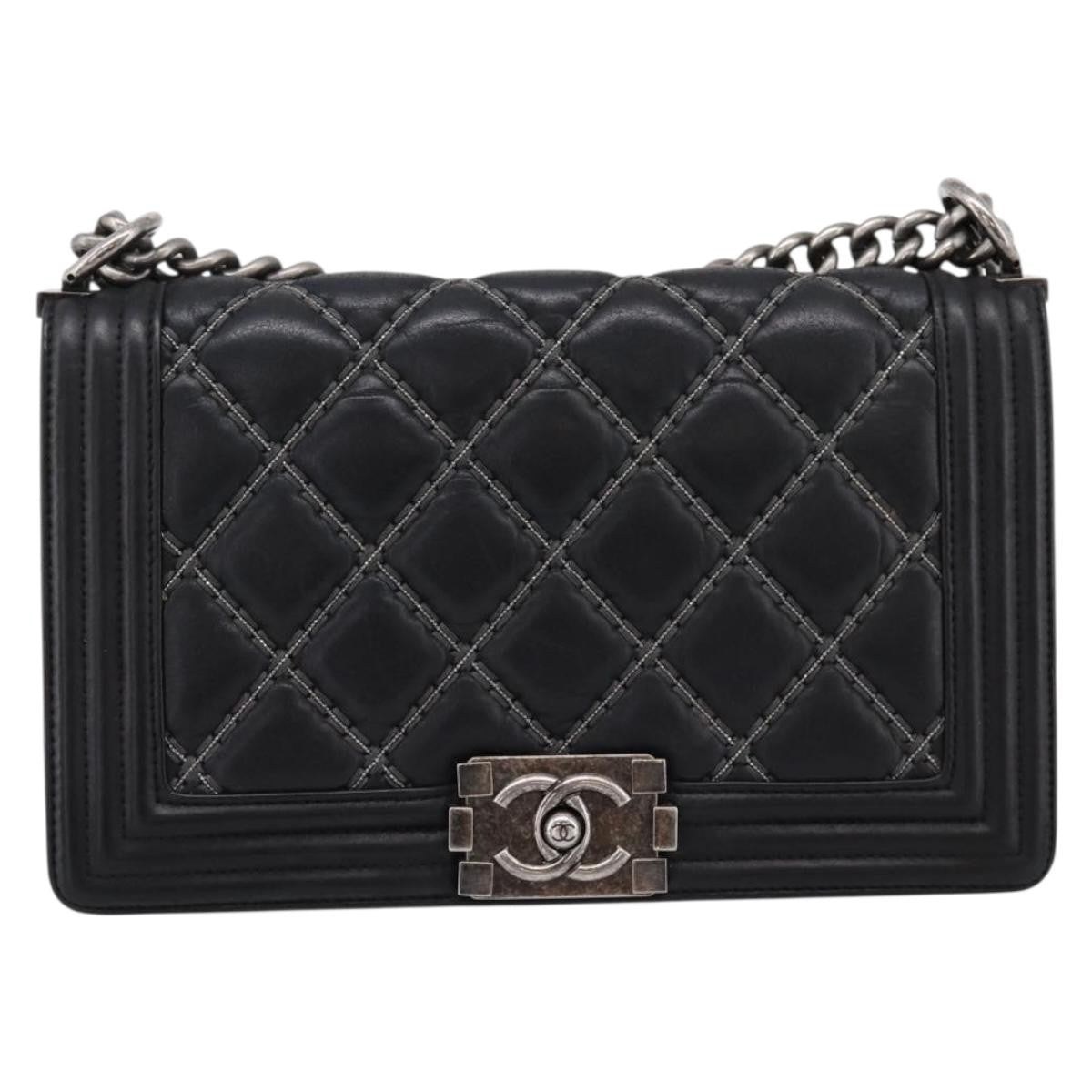 Chanel Boy Flap Quilted Calfskin With Micro Chain Detail Black Leather Shoulder Bag Bag (Pre-Owned)