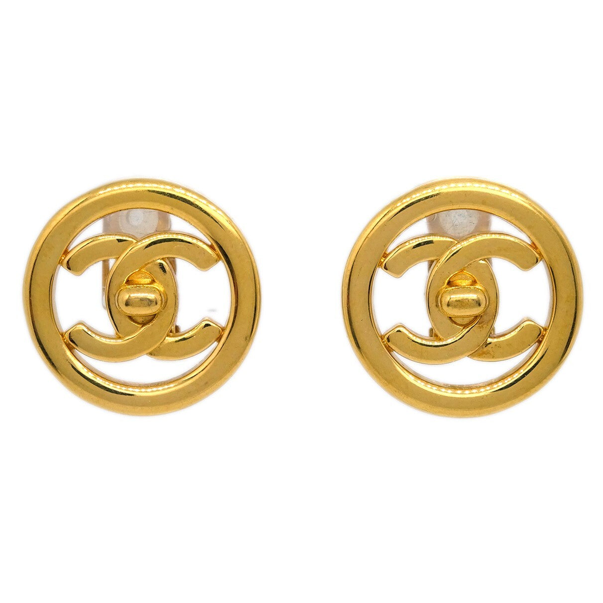 Chanel Cc Round Metal Gold Gold_Plated Earrings Jewelry (Pre-Owned)