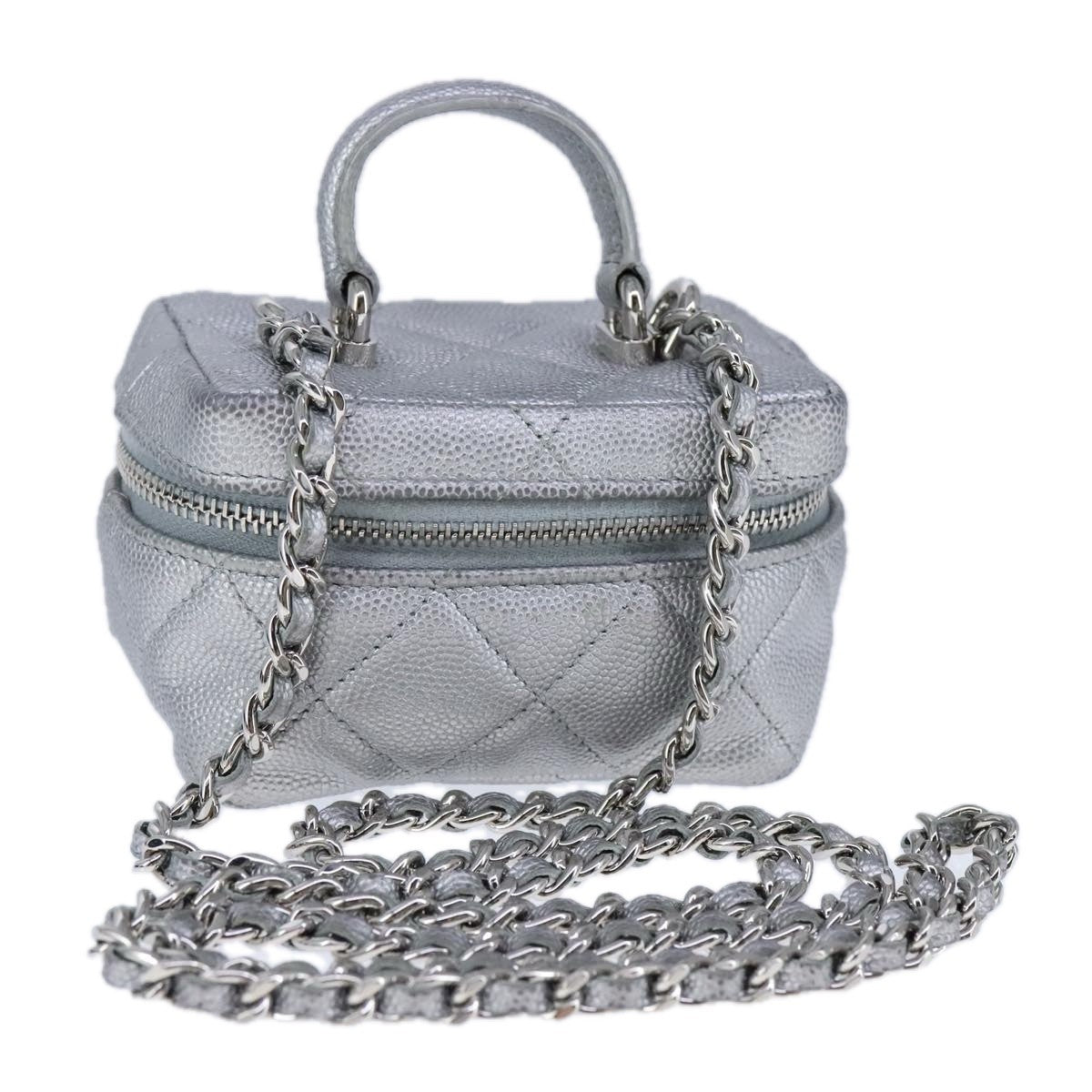 Chanel Classic Vanity Case With Chain Quilted Caviar Silver Leather Shoulder Bag Bag (Pre-Owned)