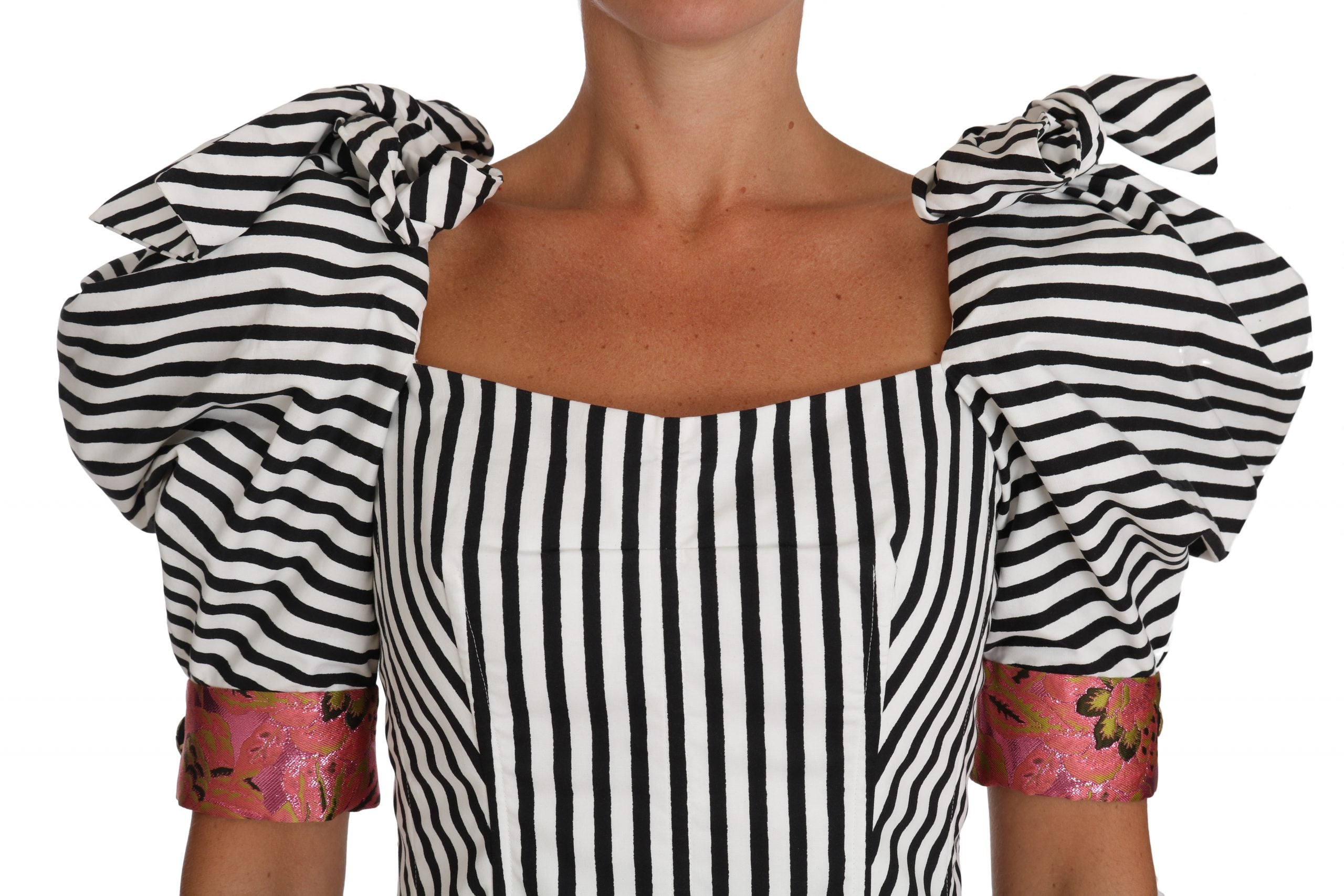 Dolce & Gabbana White Black Striped Cropped Top Puff Sleeve Women's Shirts