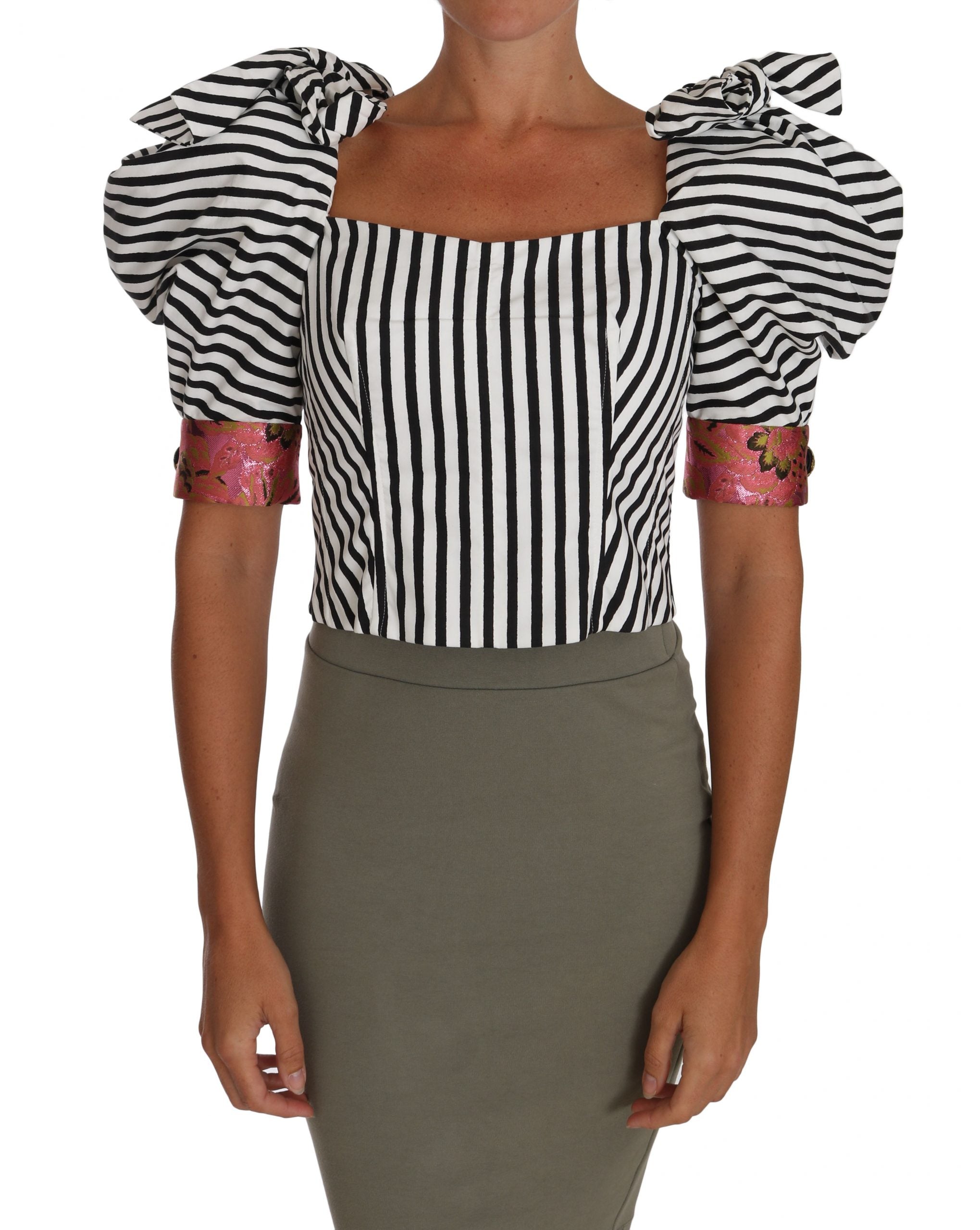 Dolce & Gabbana White Black Striped Cropped Top Puff Sleeve Women's Shirts