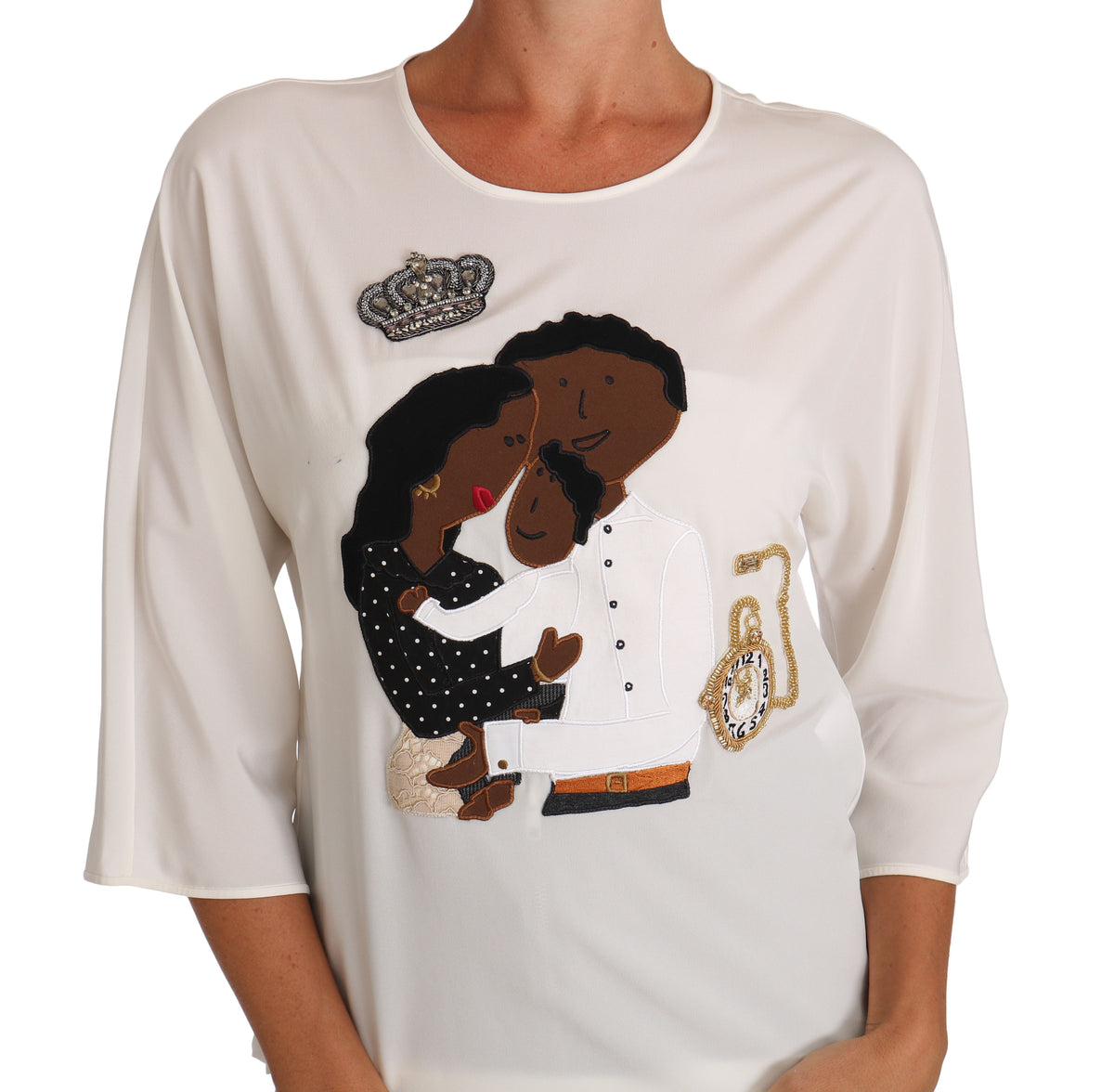 Dolce & Gabbana White Silk #dgfamily Crystal Women's T-shirt
