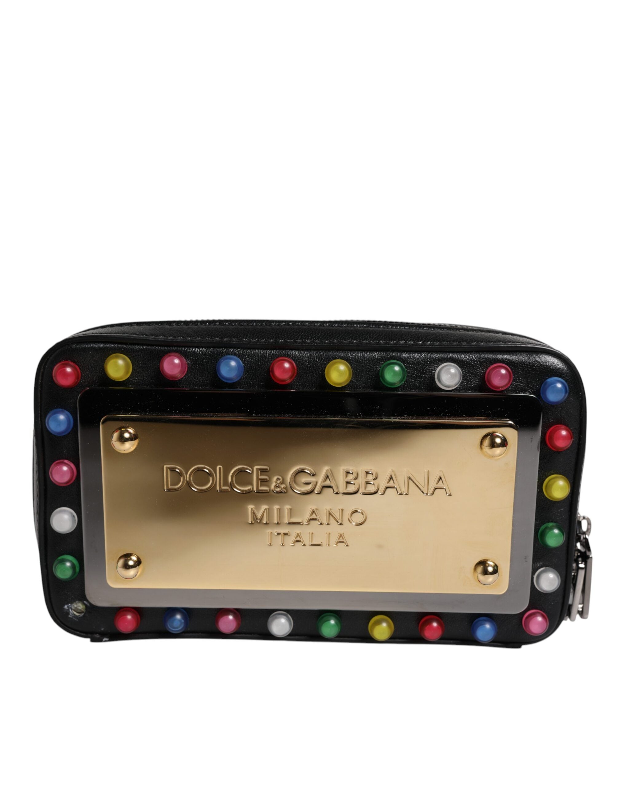 Dolce & Gabbana Black Leather LED Logo Wrist Strap Clutch Women's Bag (Pre-Owned)