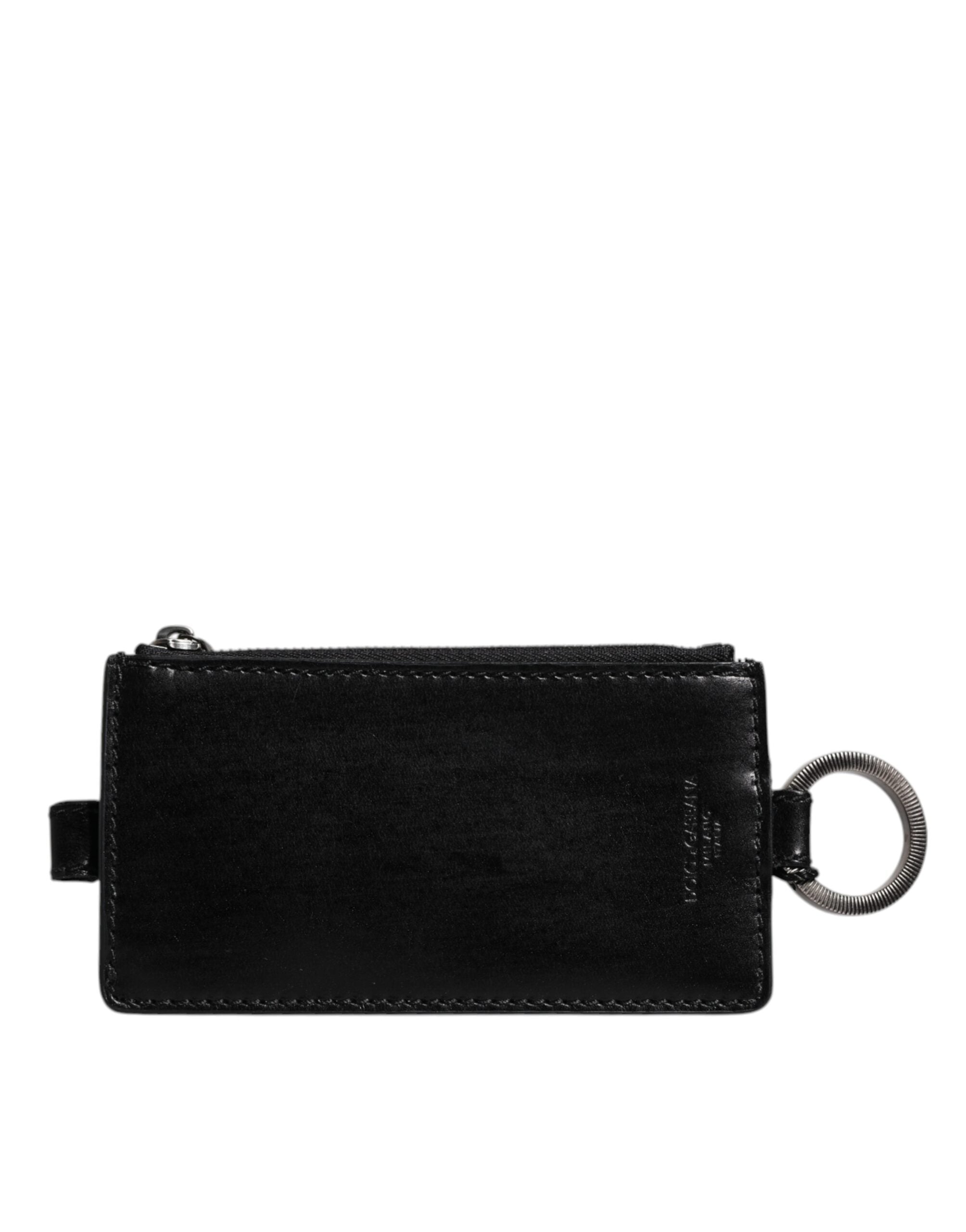 Dolce & Gabbana Black Horse Leather Lanyard Logo Card Holder Men's Wallet