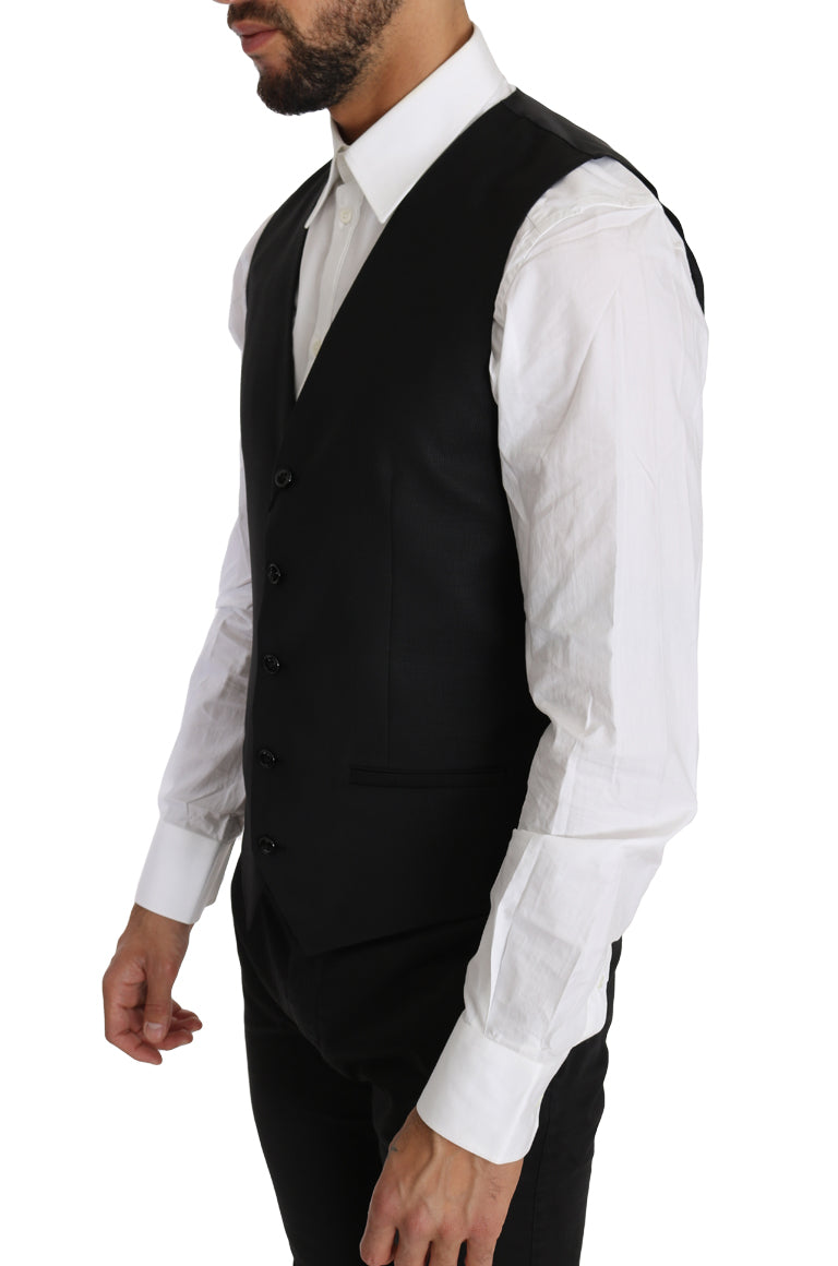 Dolce & Gabbana Black Solid Wool Silk Waistcoat Men's Vest