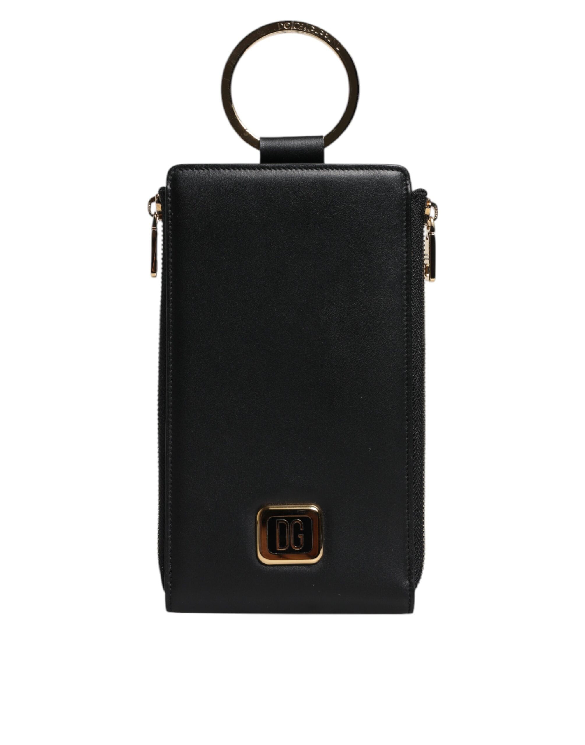Dolce & Gabbana Black Leather Logo Plaque Neck Strap Card Coin Women's Wallet