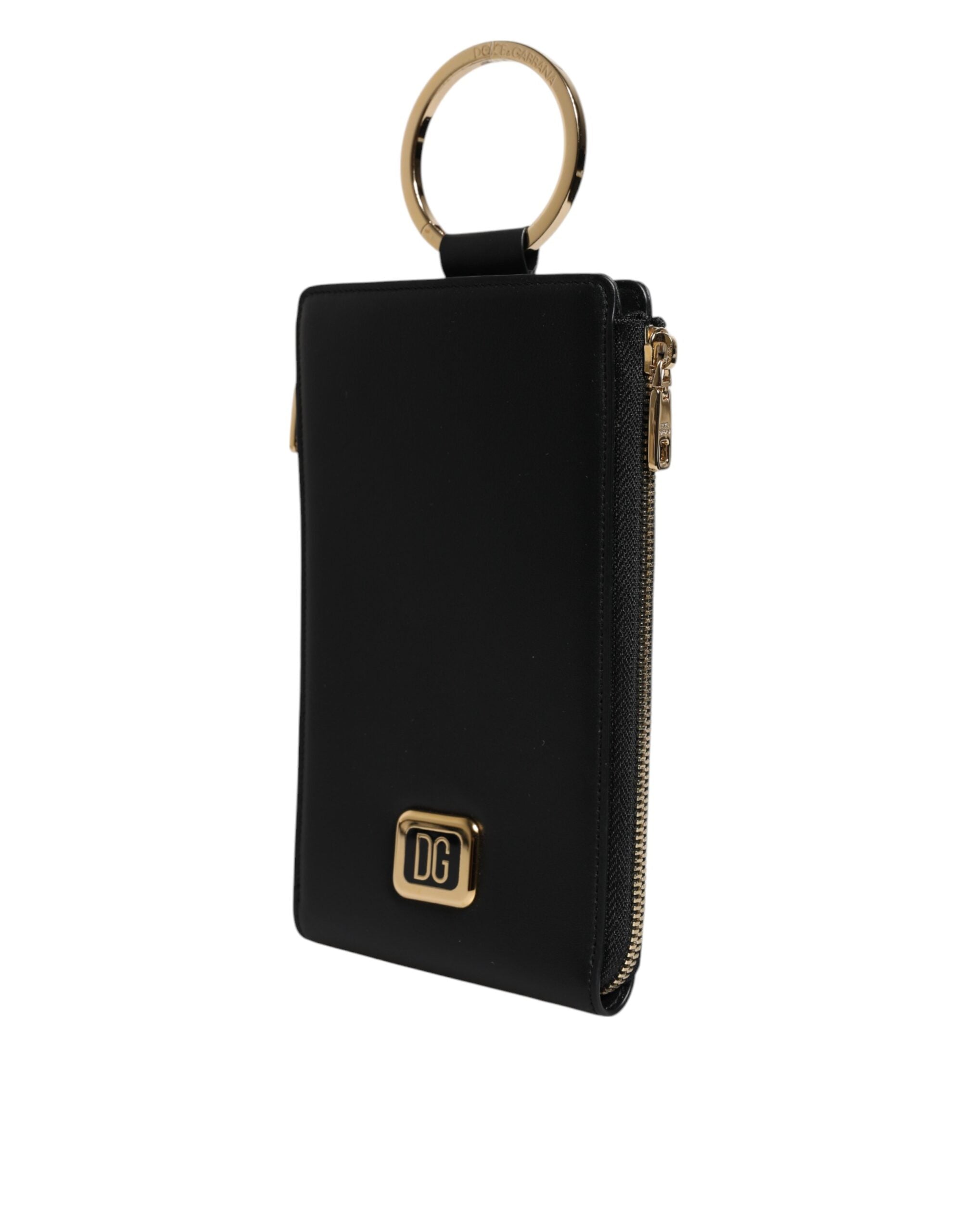 Dolce & Gabbana Black Leather Logo Plaque Neck Strap Card Coin Women's Wallet