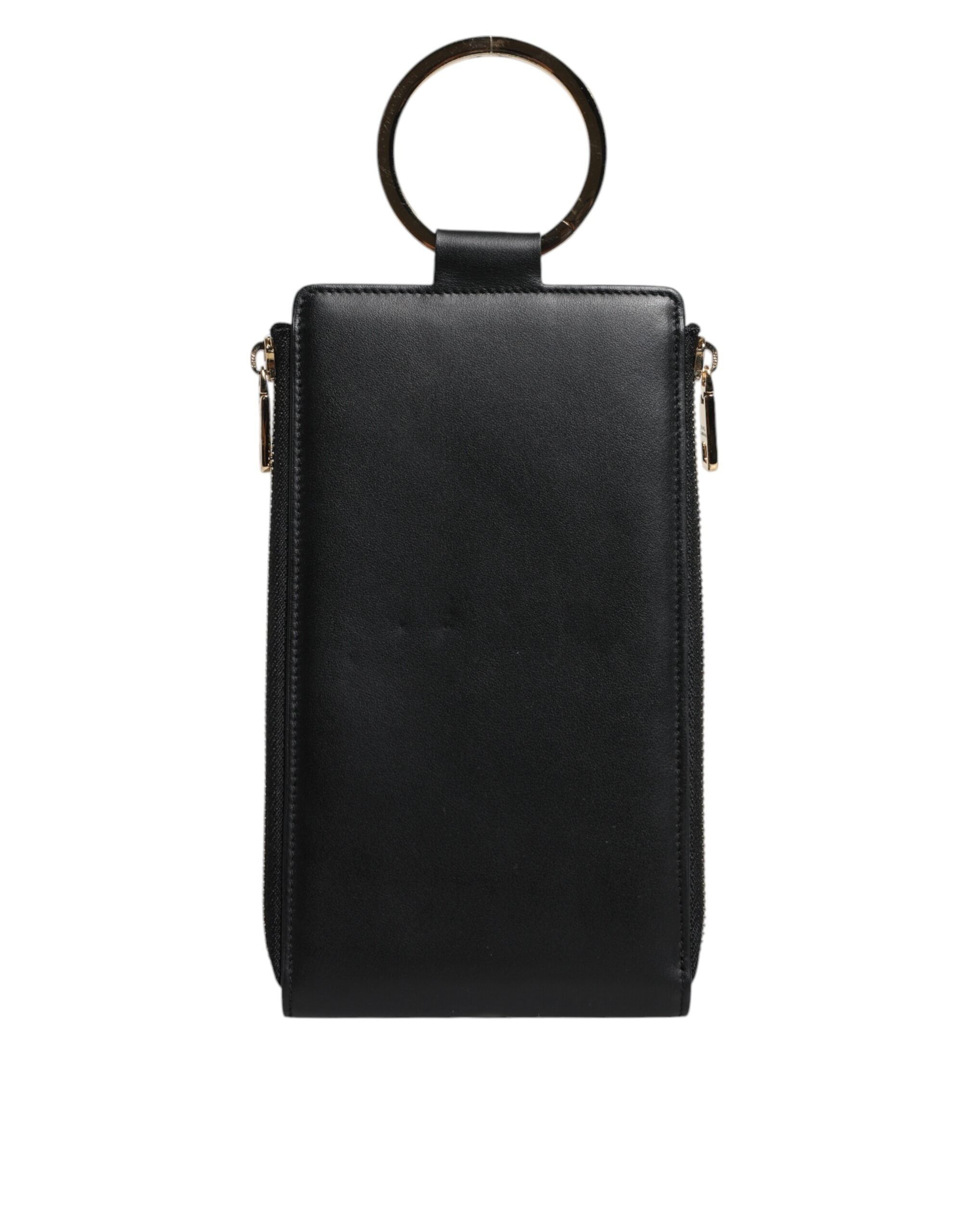 Dolce & Gabbana Black Leather Logo Plaque Neck Strap Card Coin Women's Wallet