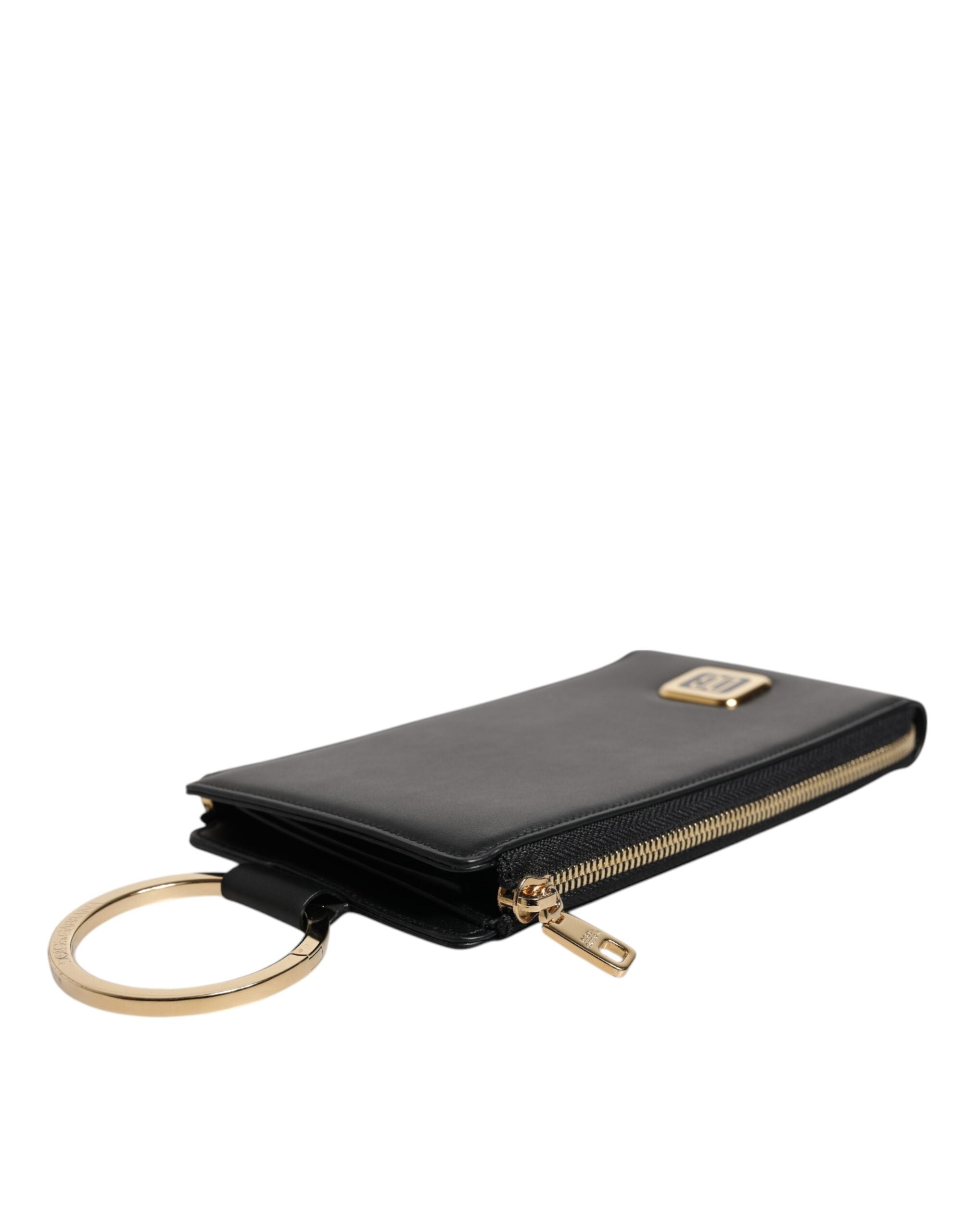 Dolce & Gabbana Black Leather Logo Plaque Neck Strap Card Coin Women's Wallet