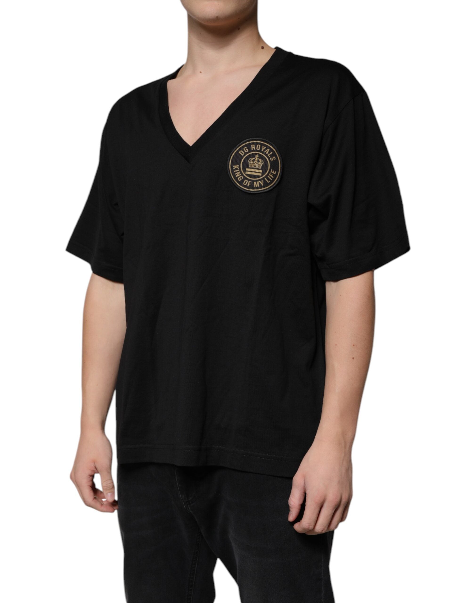 Dolce & Gabbana Black Cotton Logo Vneck Short Sleeve Men's T-shirt