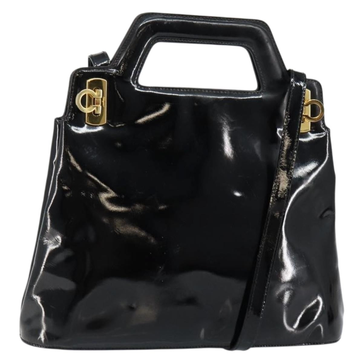 Salvatore Ferragamo Wanda Patent Leather Black Patent_Leather Handbag (Pre-Owned)