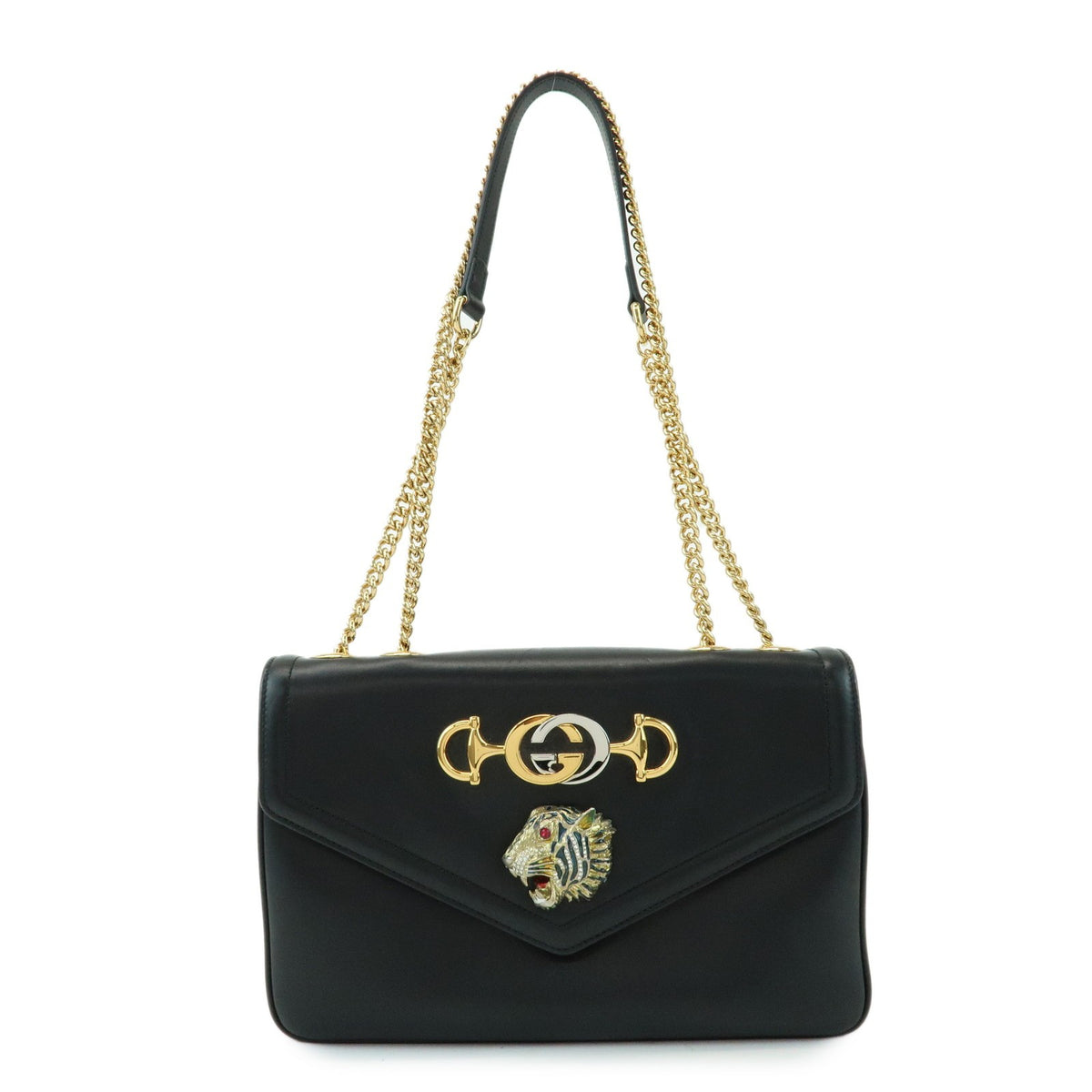 Gucci Rajah Chain Leather Black Leather Tote Bag Bag (Pre-Owned)