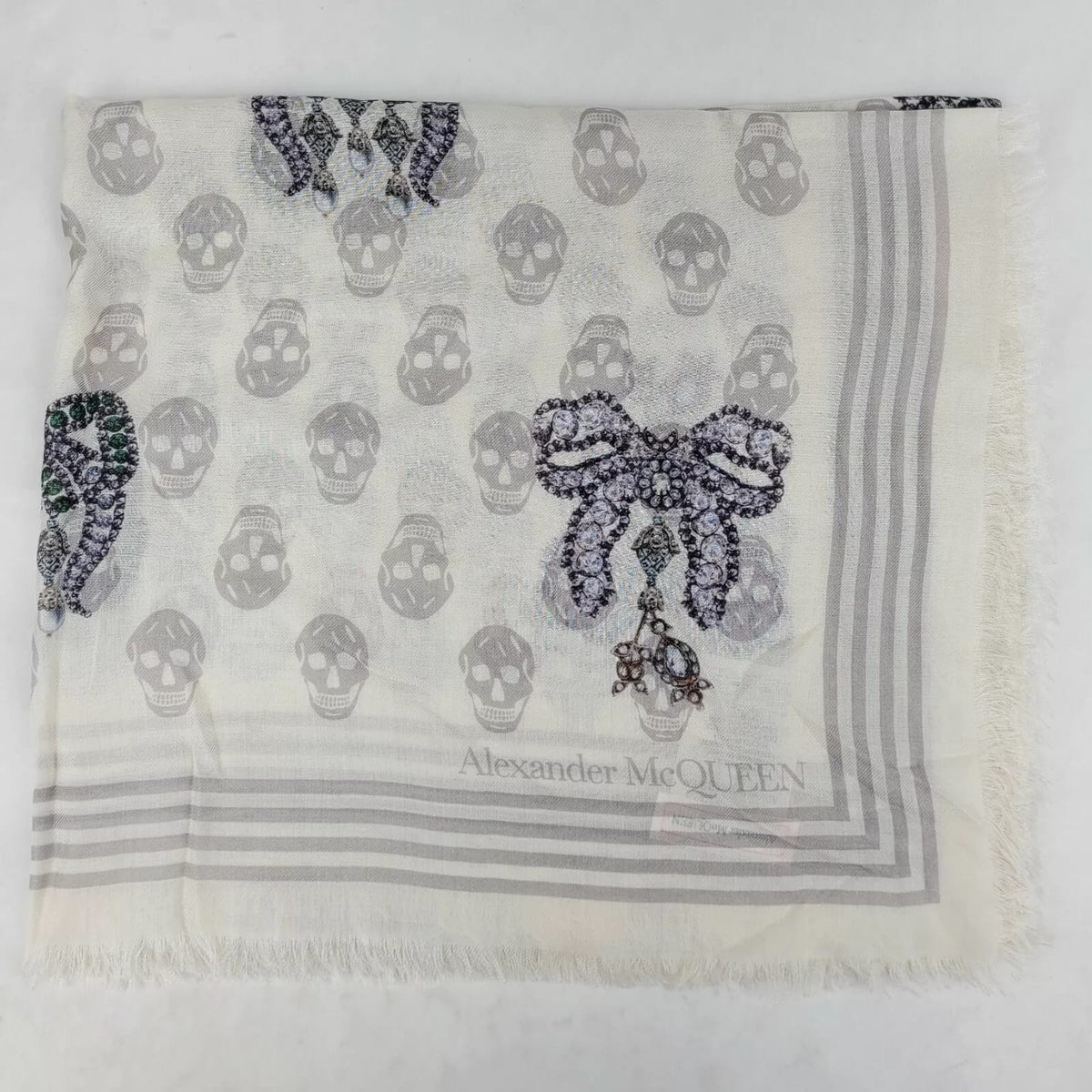 Alexander McQueen White Modal Skull/Crystal Ribbon Bow Print Scarf
