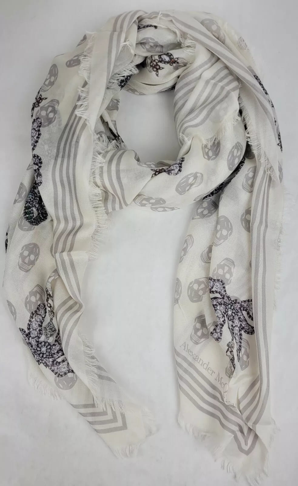 Alexander McQueen White Modal Skull/Crystal Ribbon Bow Print Scarf