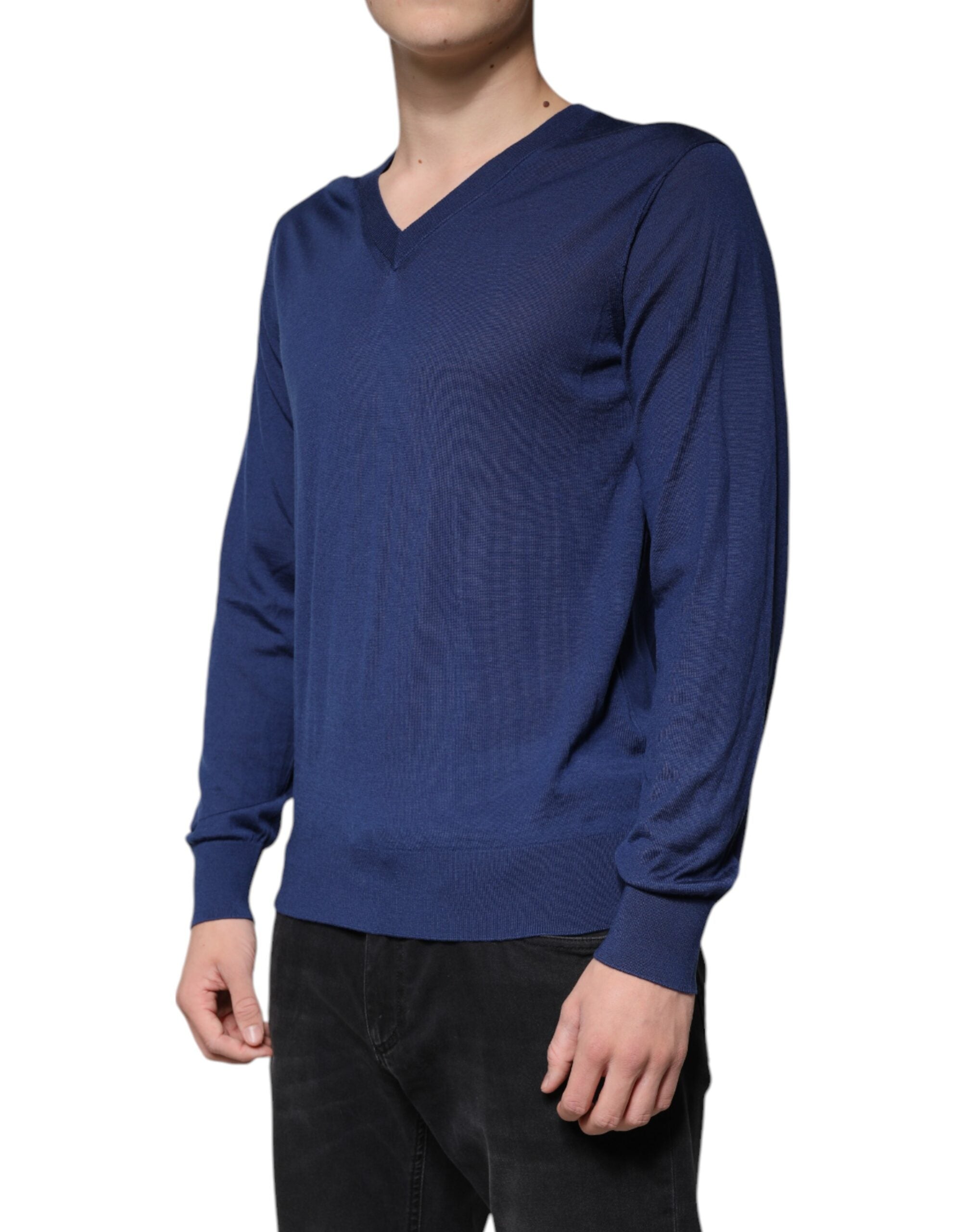 Dolce & Gabbana Navy Blue Cashmere V-neck Pullover Men's Sweater