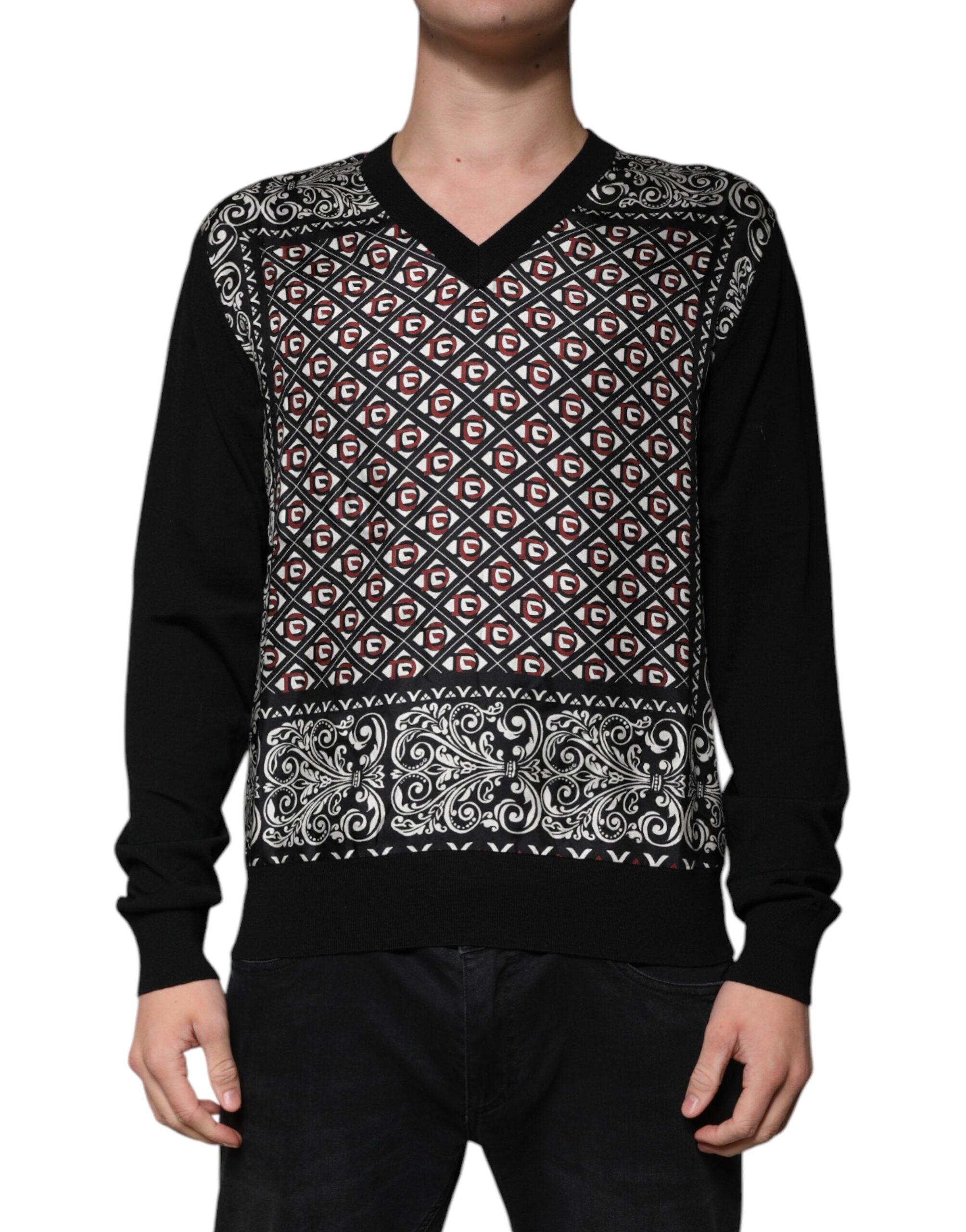 Dolce & Gabbana Black Logo Wool V-neck Pullover Men's Sweater