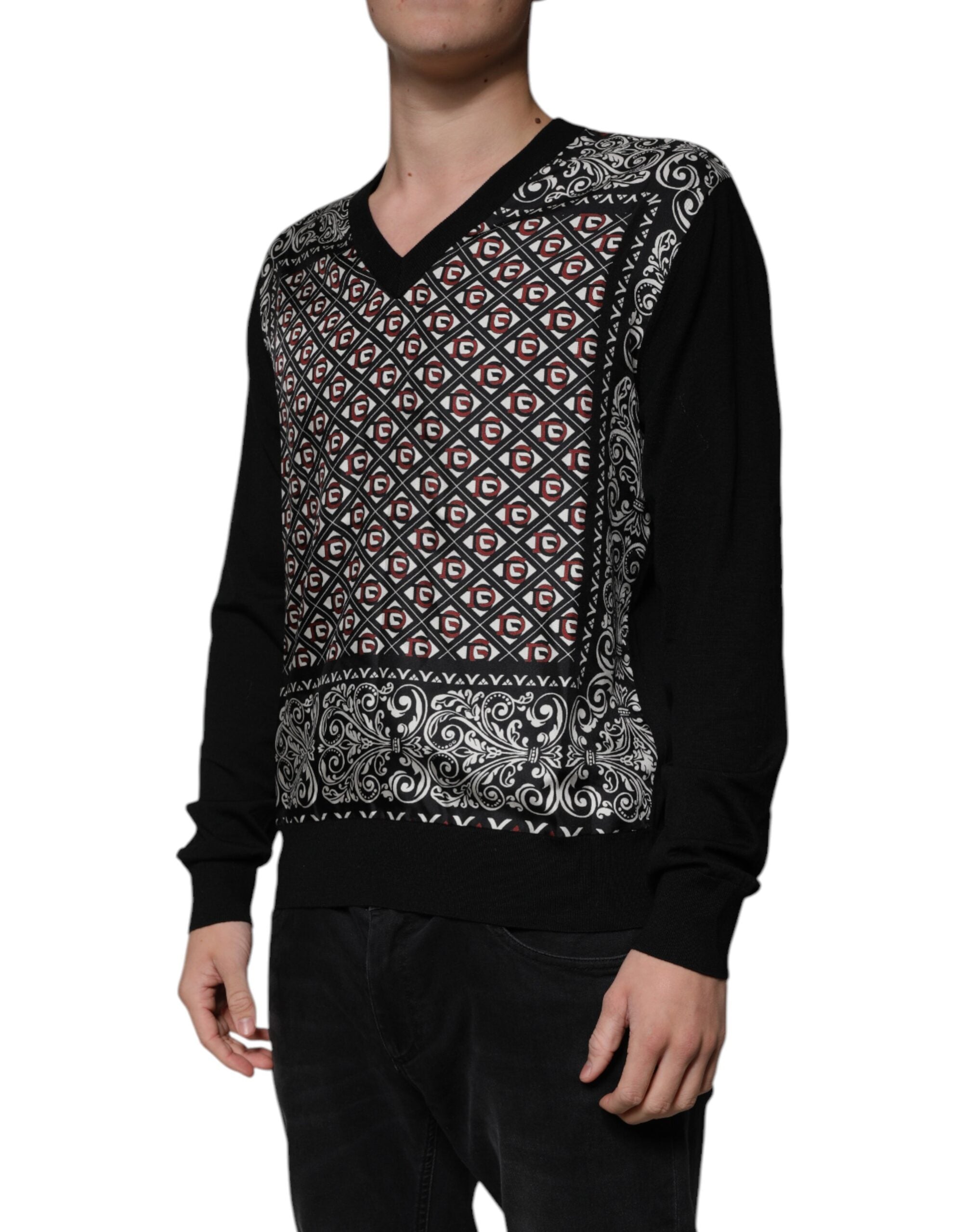Dolce & Gabbana Black Logo Wool V-neck Pullover Men's Sweater