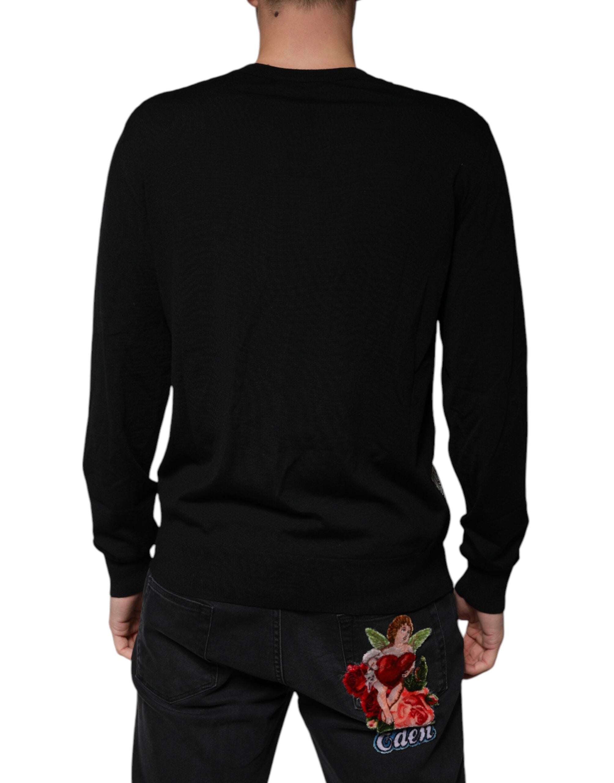 Dolce & Gabbana Black Logo Wool V-neck Pullover Men's Sweater
